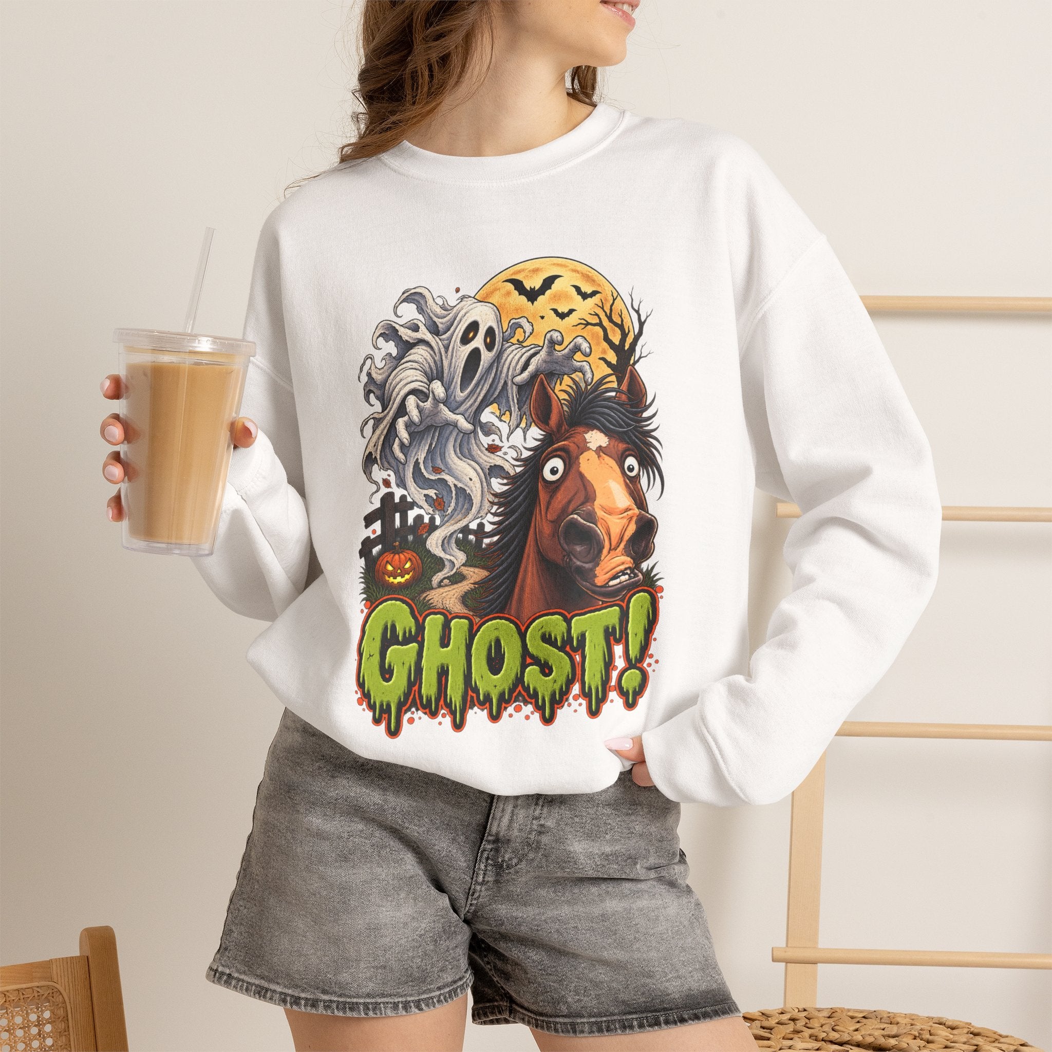 Ghost! Spooky Horse Halloween Sweatshirt Funny Haunted Pony Crewneck