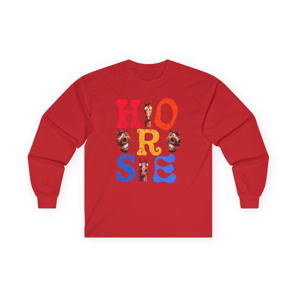 Illustrated Horse lettering long sleeve t-shirt with colorful equine artwork inside bold "HORSE" letters — vintage-feel equestrian gift tee by Hay There Horse Art