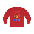 Illustrated Horse lettering long sleeve t-shirt with colorful equine artwork inside bold "HORSE" letters — vintage-feel equestrian gift tee by Hay There Horse Art
