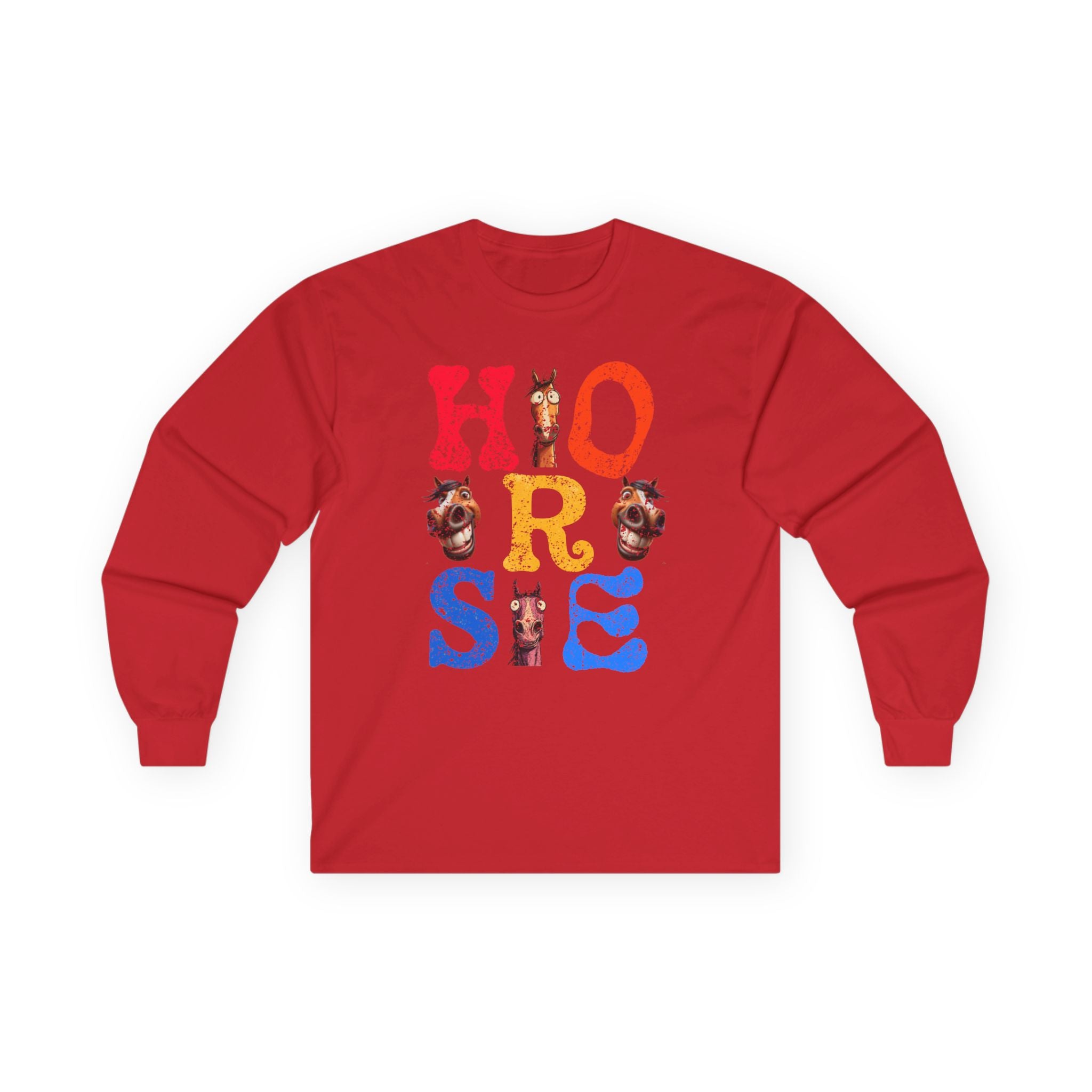 Illustrated Horse lettering long sleeve t-shirt with colorful equine artwork inside bold "HORSE" letters — vintage-feel equestrian gift tee by Hay There Horse Art