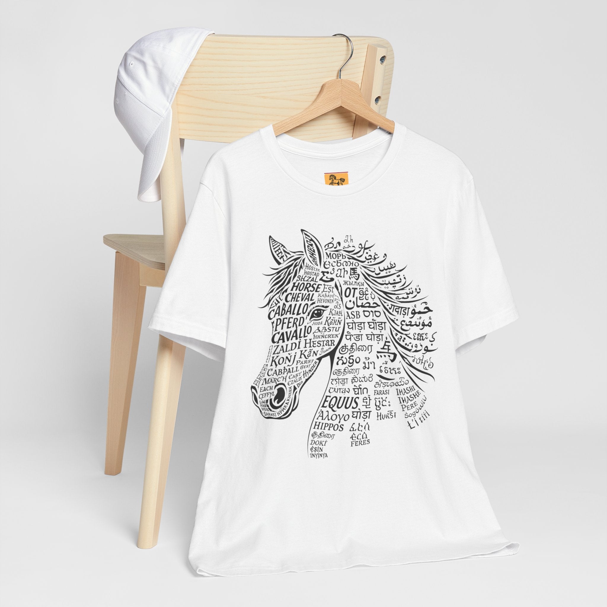 Horse design T Shirt created from the word horse in many languages Unique Horse Lover Gift Equestrian Art Tee
