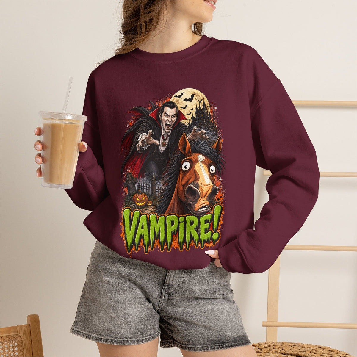 Vampire! Spooky Horse Halloween Sweatshirt Funny Haunted Pony Crewneck