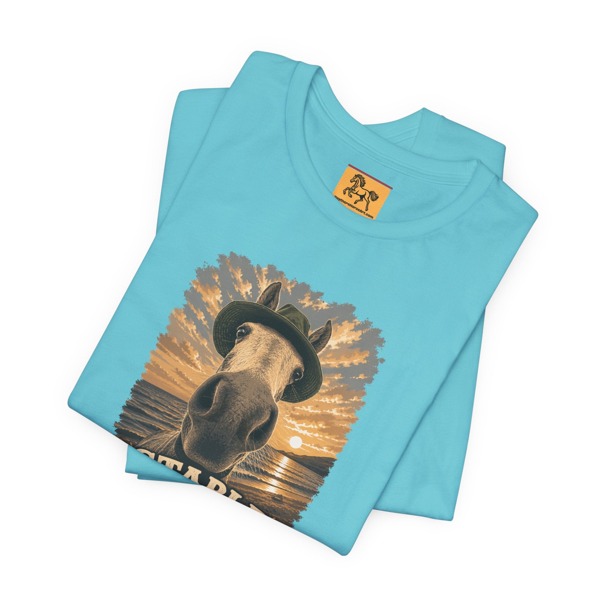 Stable Selfie Club unisex t-shirt  featuring original equestrian artwork of a horse wearing a hat taking a selfie at sunset on a beach, printed on Bella & Canvas 3001 tee by Hay there Horse Art.