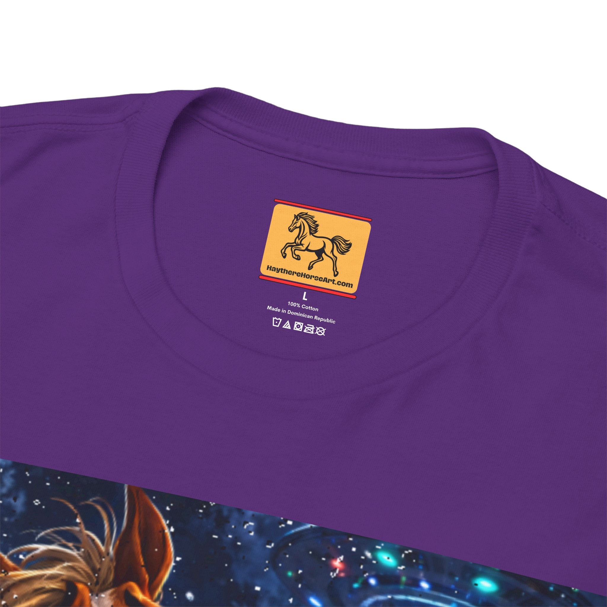 Purple t-shirt with a brand label for Haytherehorseart.com featuring a horse taking a selfie with a UFO design.  Funny Tee