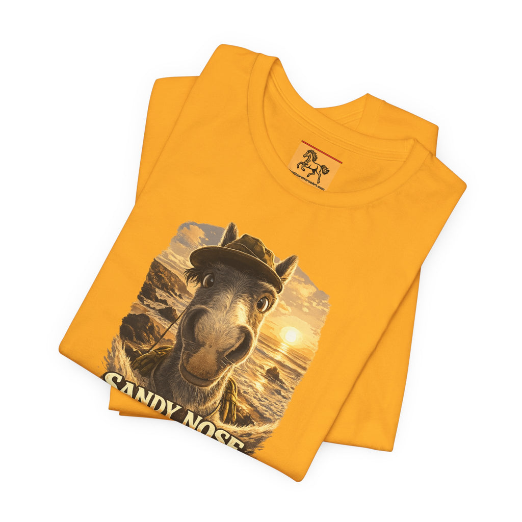 Sandy nose, don't care. A cheeky horse beach selfie tee for horse lovers who live for summer. Super soft Bella + Canvas 3001. Shop now at Hay There Horse Art.