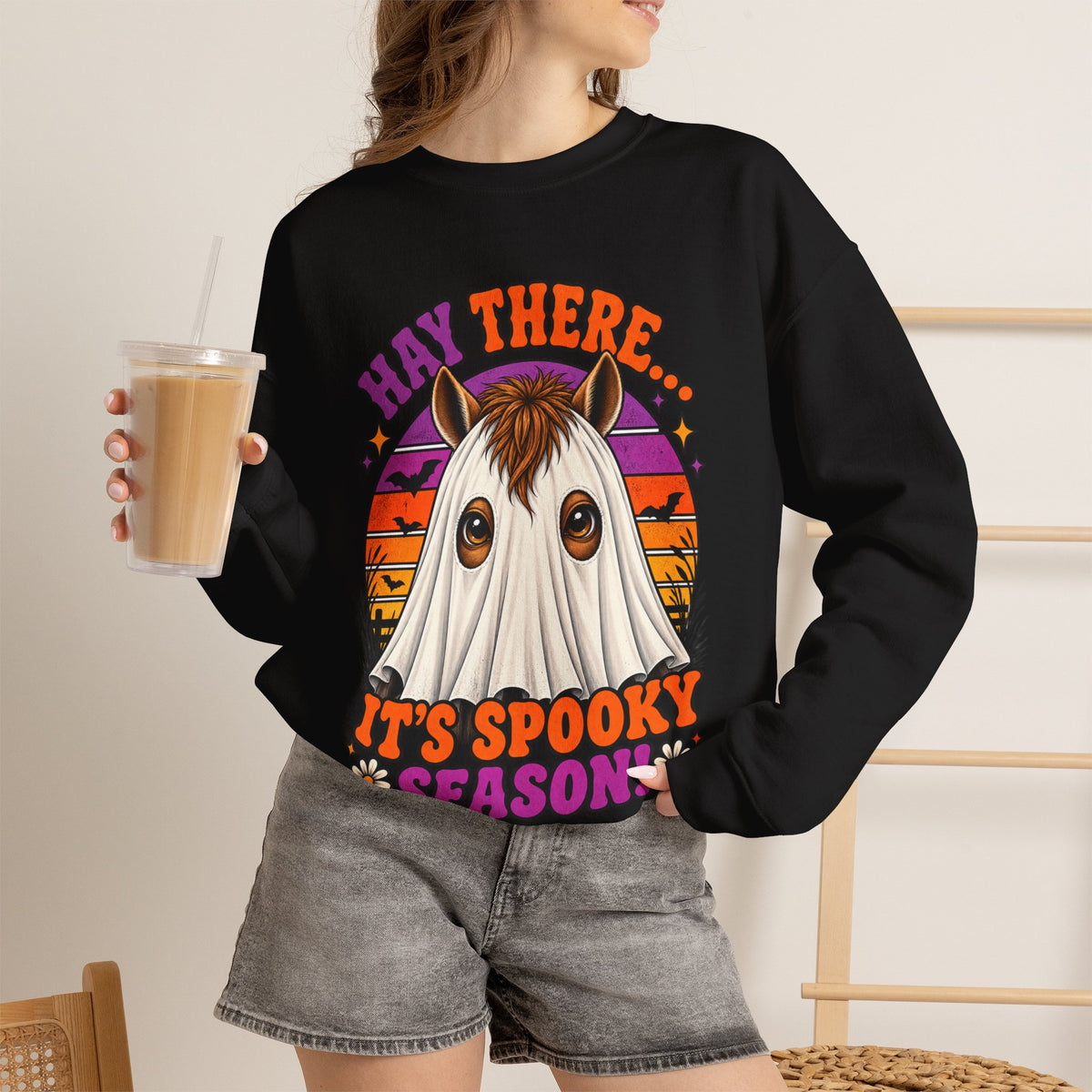 Hay There, It's Spooky Season! Ghost Horse Halloween Sweatshirt Funny Equestrian Crewneck