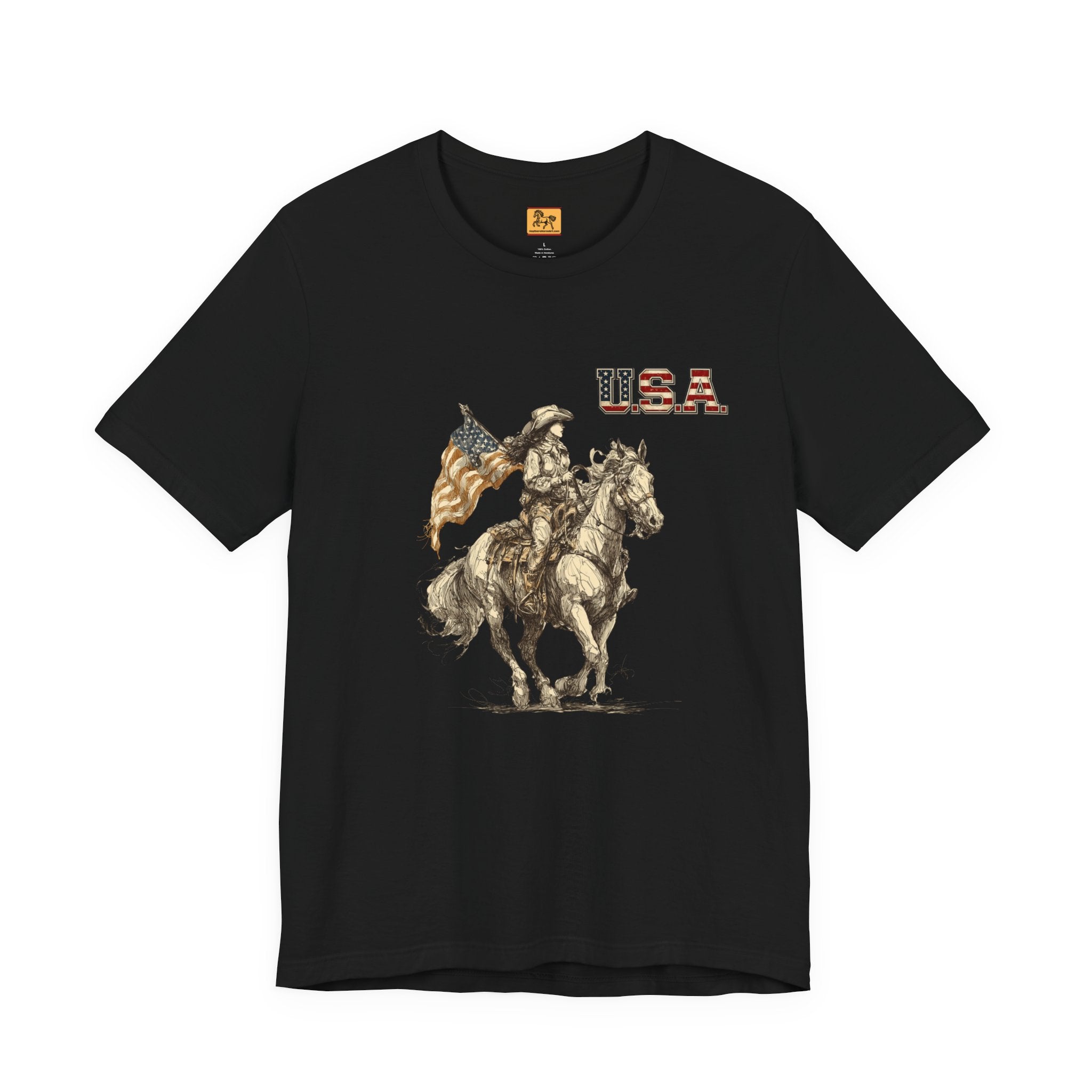USA Flag & Cowgirl Rider T-Shirt | Patriotic Cowgirl on Horse Graphic Tee