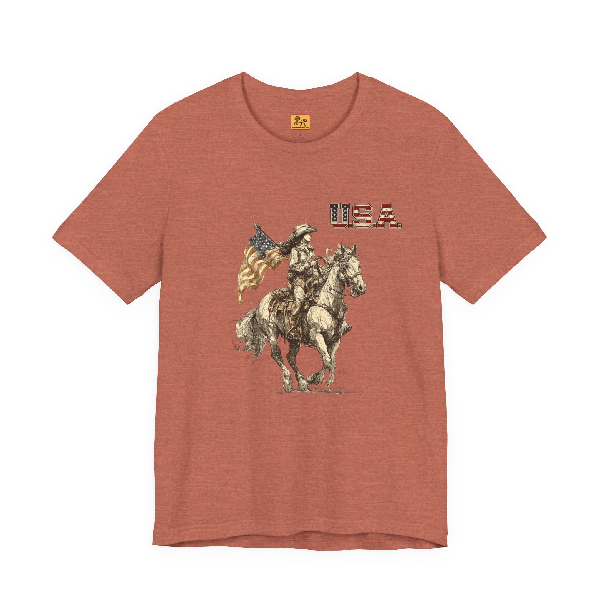 USA Flag & Cowgirl Rider T-Shirt | Patriotic Cowgirl on Horse Graphic Tee