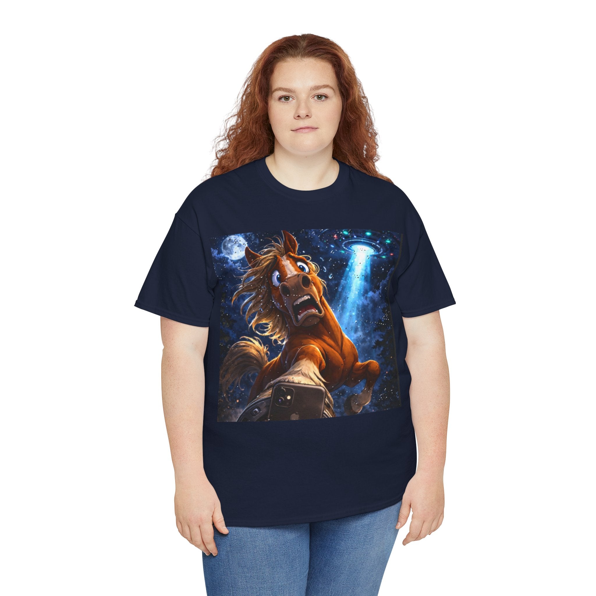 Person wearing a navy blue t-shirt with a horse taking a selfy with a UFO graphic design.  Funny Tee.