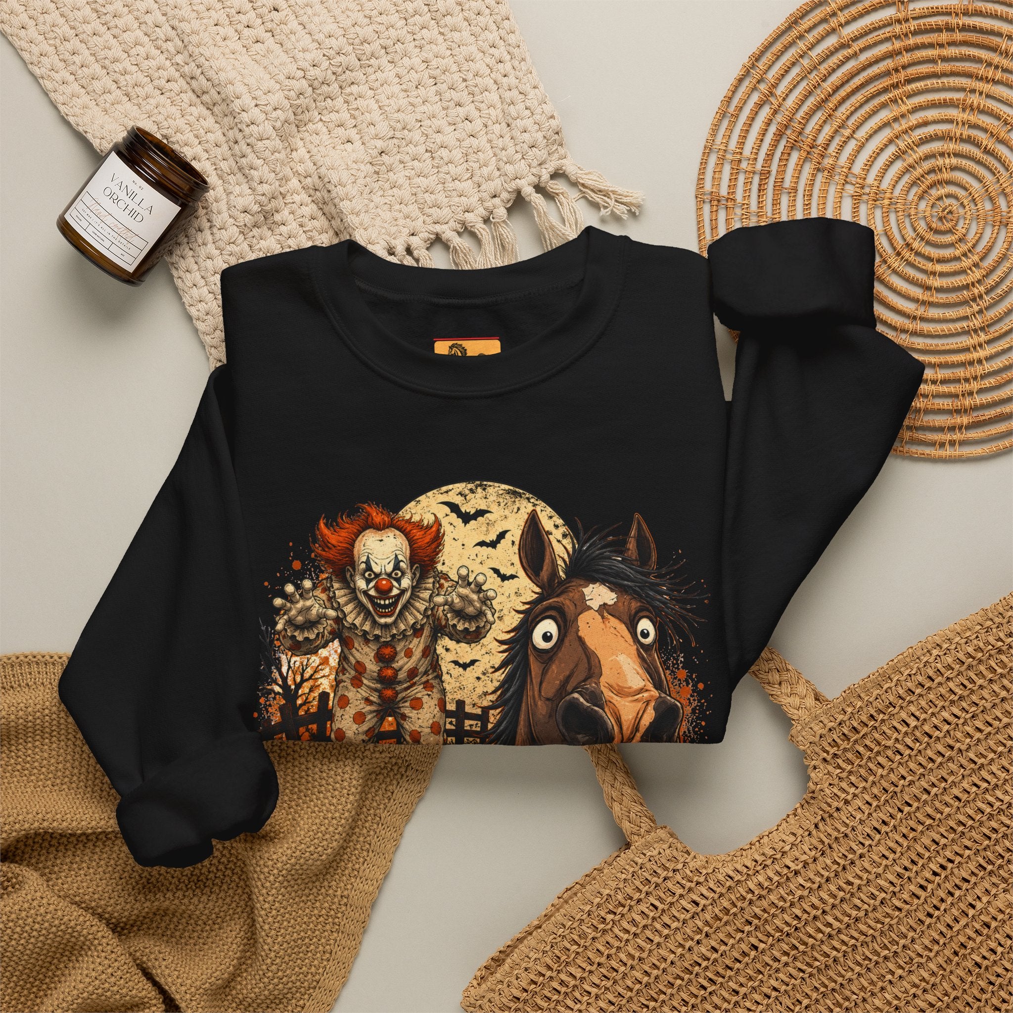 Clown! Creepy Carnival Horse Halloween Sweatshirt Funny Spooked Pony Crewneck
