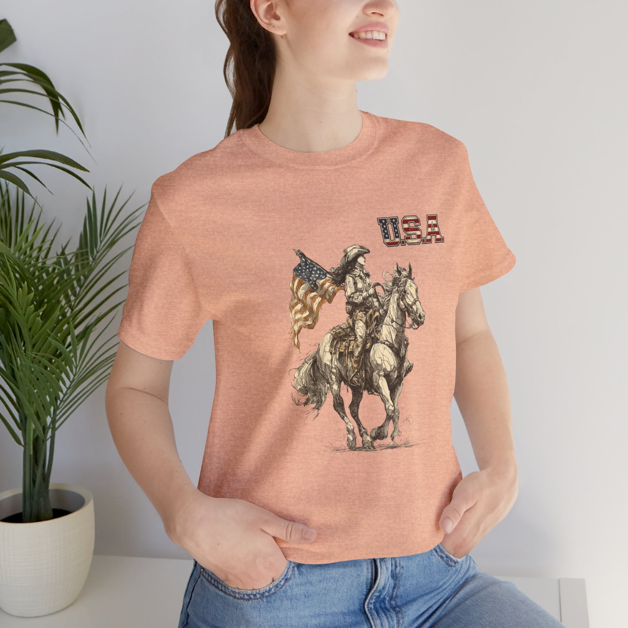 USA Flag & Cowgirl Rider T-Shirt | Patriotic Cowgirl on Horse Graphic Tee