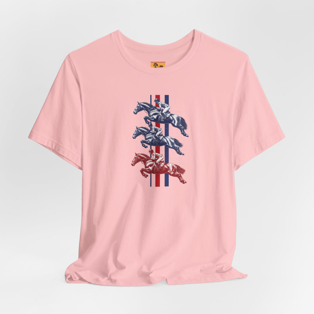 Vintage Show Jumping Horses T‑Shirt UK Red White Blue Equestrian Tee for Riders & Owners
