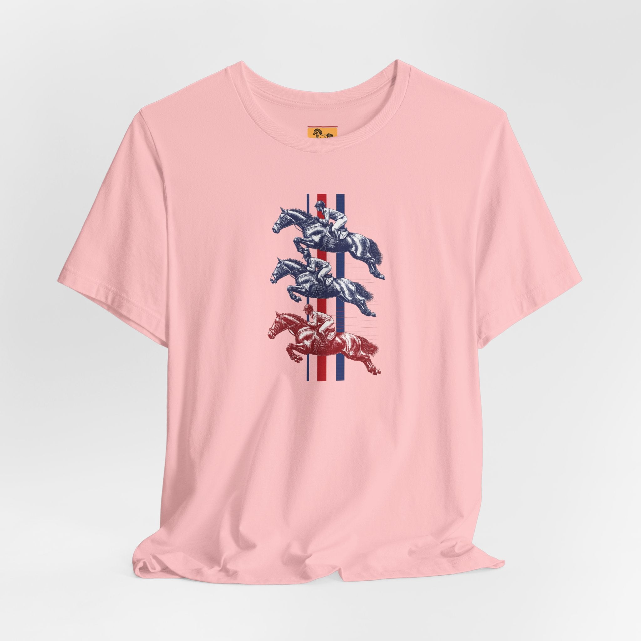Vintage Show Jumping Horses T‑Shirt UK Red White Blue Equestrian Tee for Riders & Owners