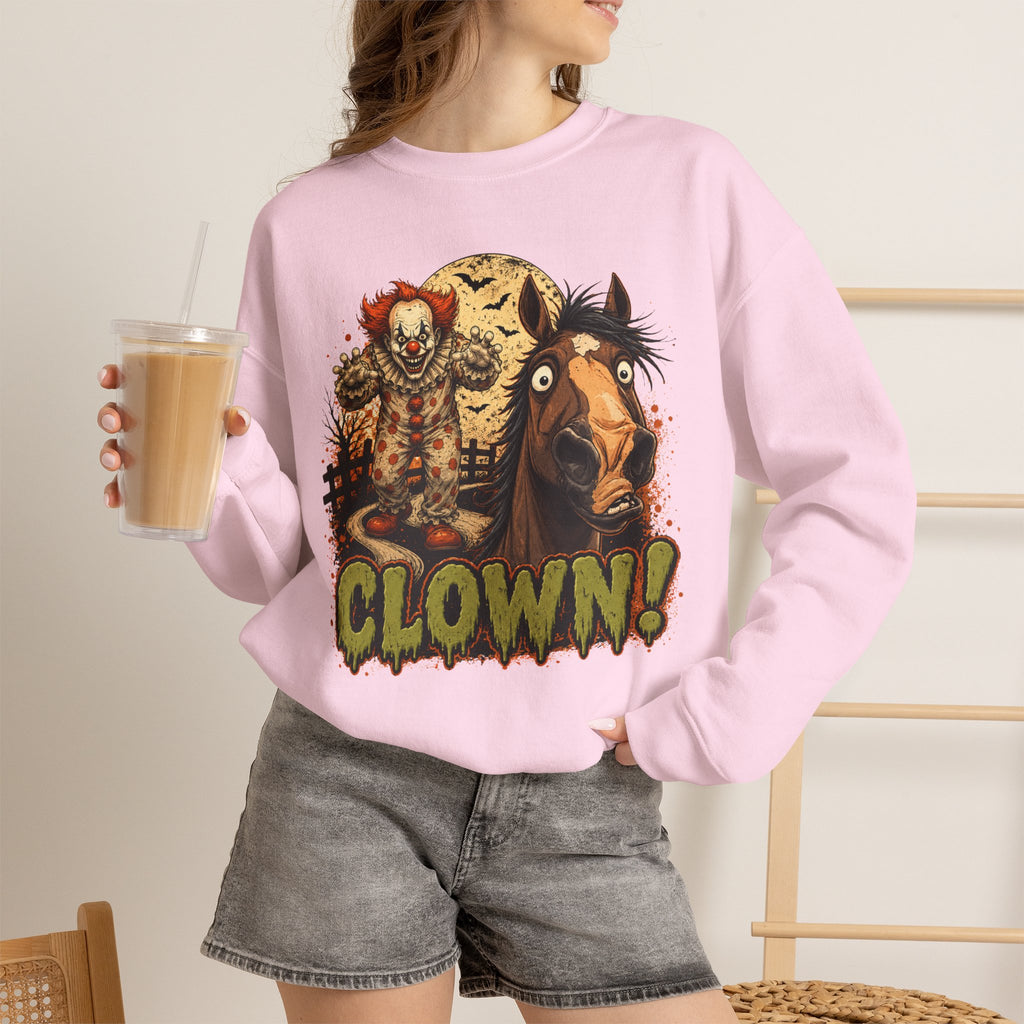 Clown! Creepy Carnival Horse Halloween Sweatshirt Funny Spooked Pony Crewneck