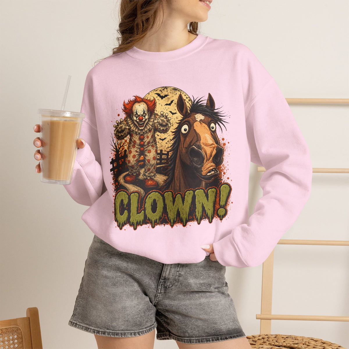 Clown! Creepy Carnival Horse Halloween Sweatshirt Funny Spooked Pony Crewneck