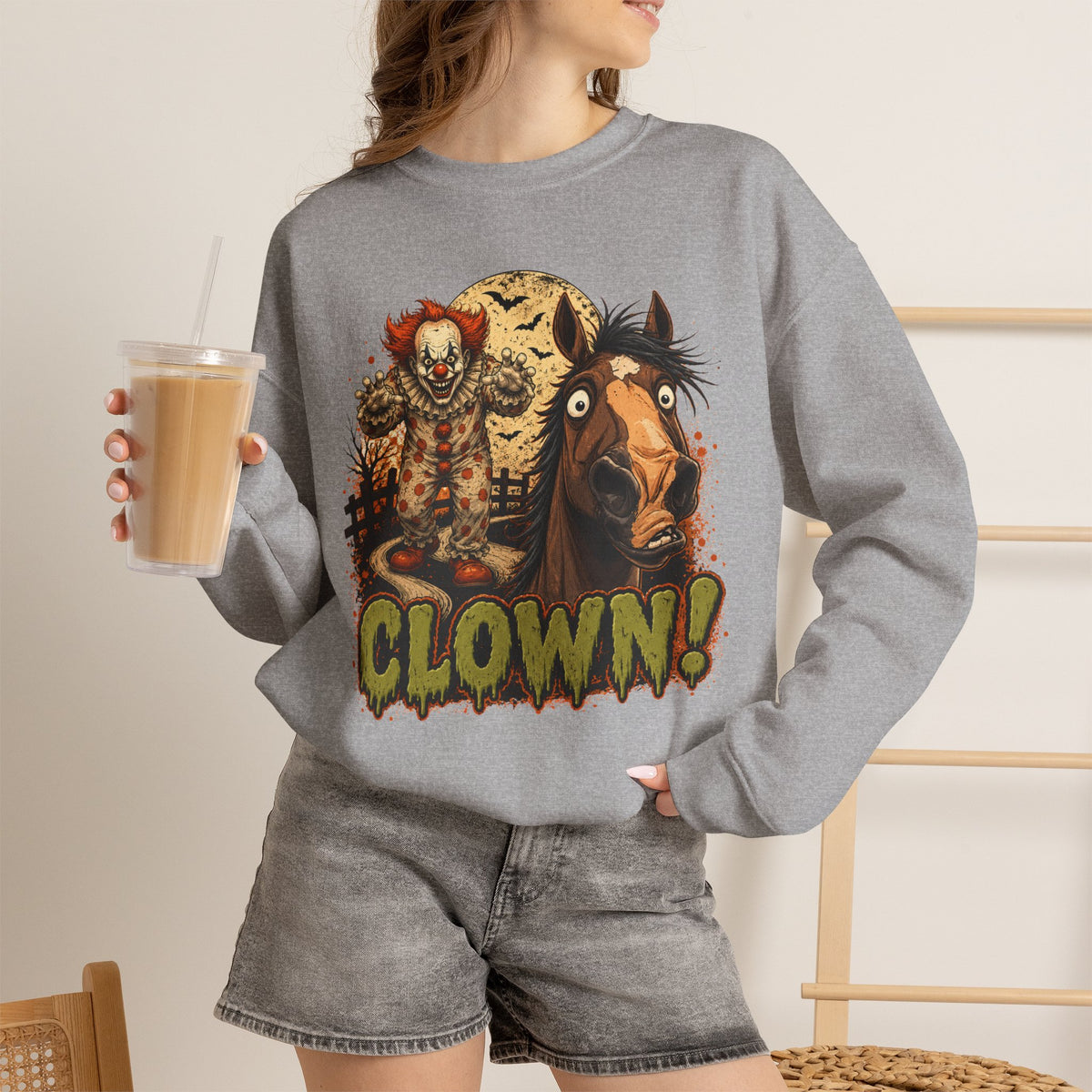 Clown! Creepy Carnival Horse Halloween Sweatshirt Funny Spooked Pony Crewneck
