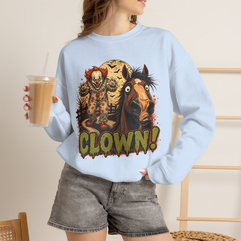 Clown! Creepy Carnival Horse Halloween Sweatshirt Funny Spooked Pony Crewneck