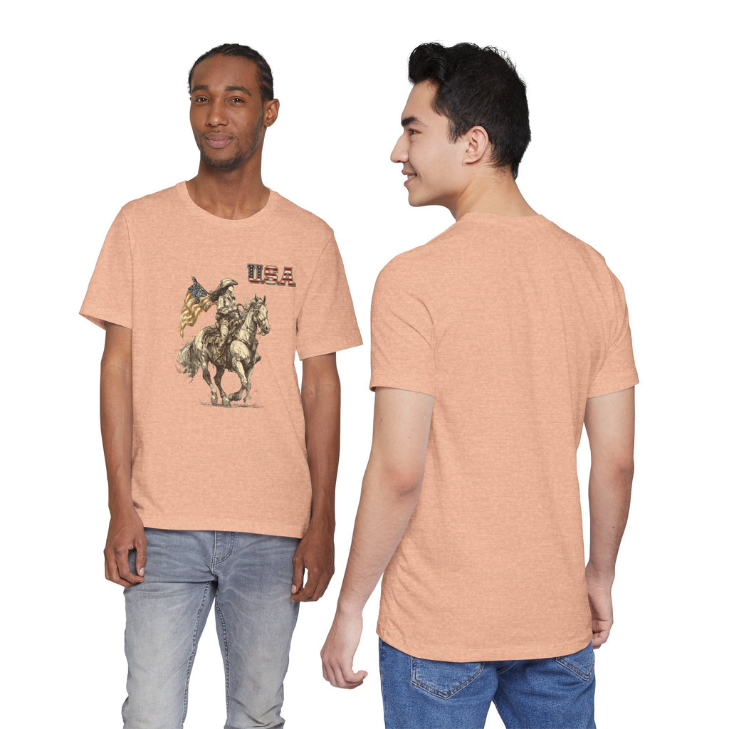 USA Flag & Cowgirl Rider T-Shirt | Patriotic Cowgirl on Horse Graphic Tee