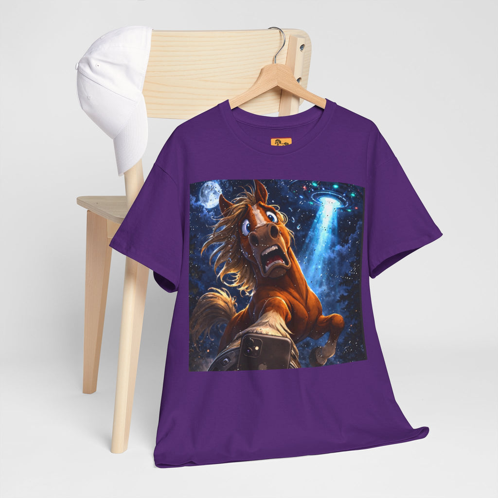 Purple t-shirt with a horse selfy with a UFO graphic on a wooden hanger.  Funny Tee.