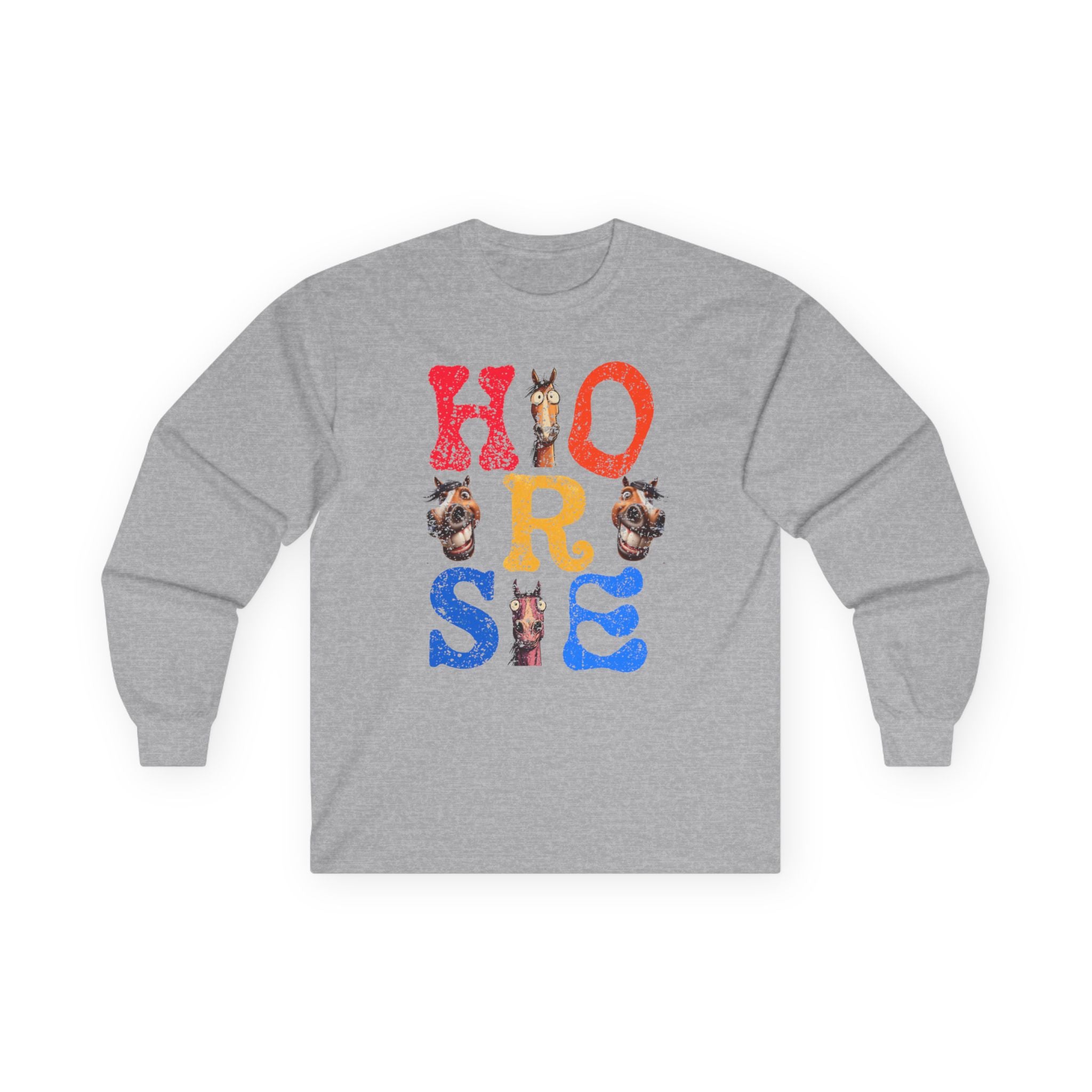Illustrated "Horse" Lettering Design Long Sleeve T-Shirt | Equestrian Typography Tee