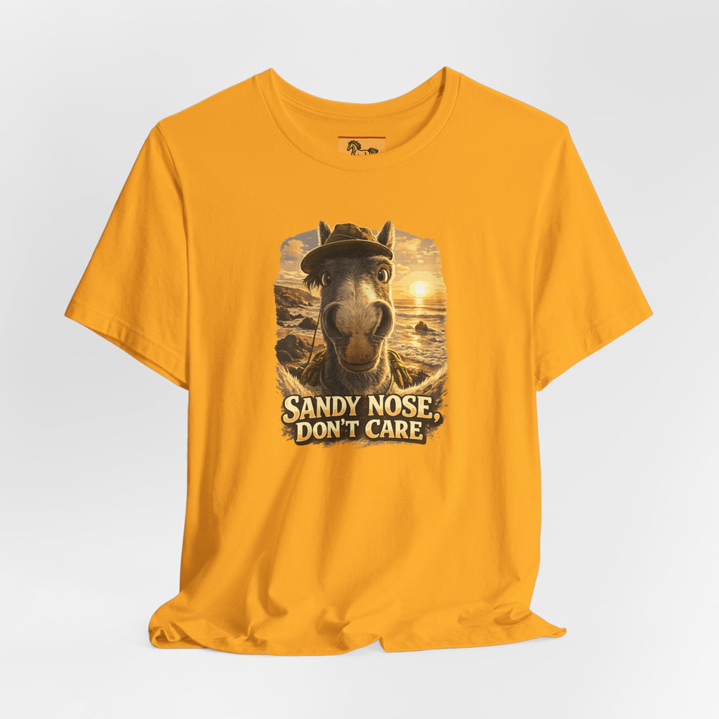 Sandy nose, don't care. A cheeky horse beach selfie tee for horse lovers who live for summer. Super soft Bella + Canvas 3001. Shop now at Hay There Horse Art.