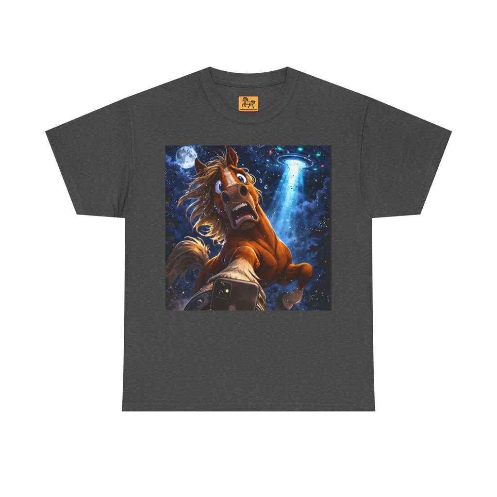 Gray t-shirt with a graphic of a horse taking a selfie with a UFO in a starry sky  Haytherehorseart.com