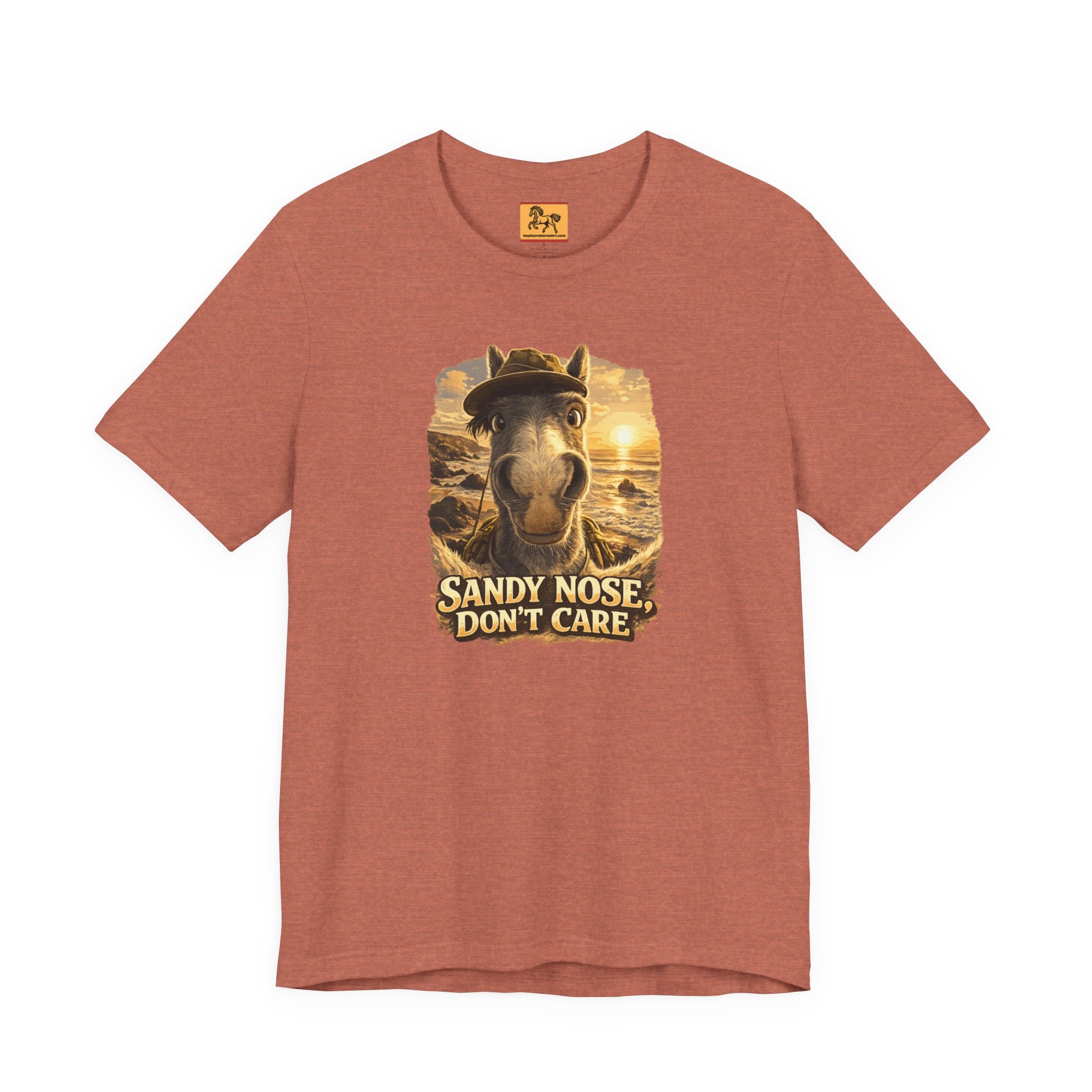 Sandy nose, don't care. A cheeky horse beach selfie tee for horse lovers who live for summer. Super soft Bella + Canvas 3001. Shop now at Hay There Horse Art.