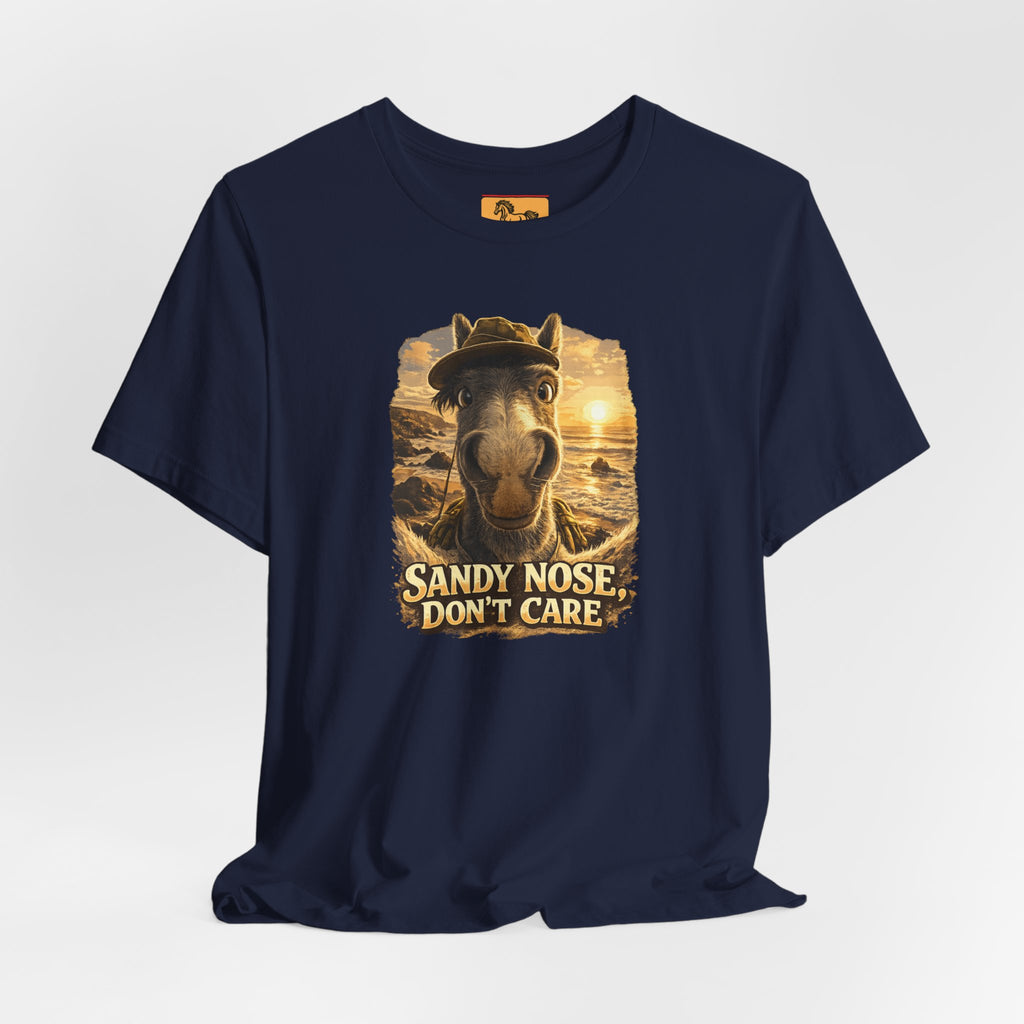 Sandy nose, don't care. A cheeky horse beach selfie tee for horse lovers who live for summer. Super soft Bella + Canvas 3001. Shop now at Hay There Horse Art.