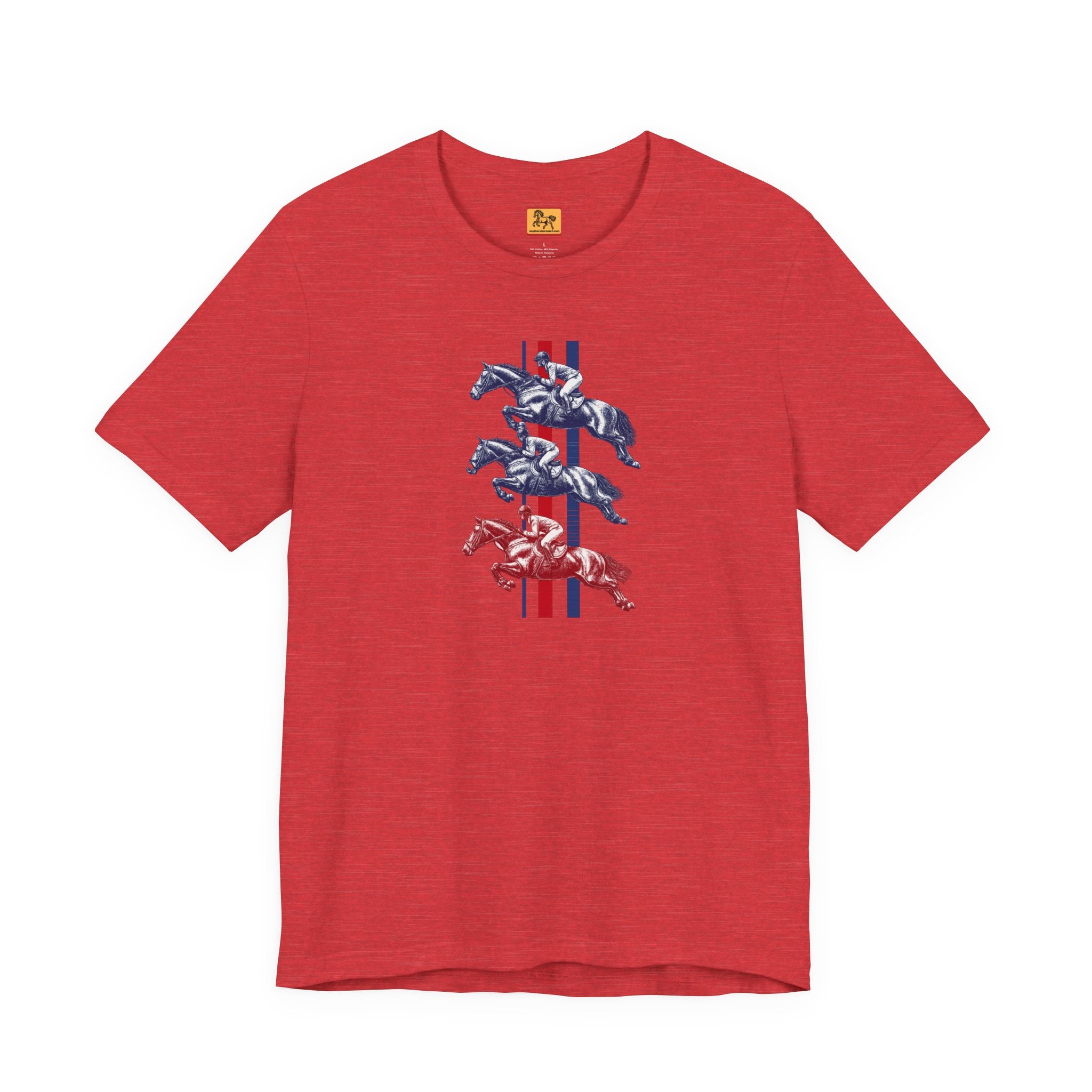 Vintage Show Jumping Horses T‑Shirt UK Red White Blue Equestrian Tee for Riders & Owners