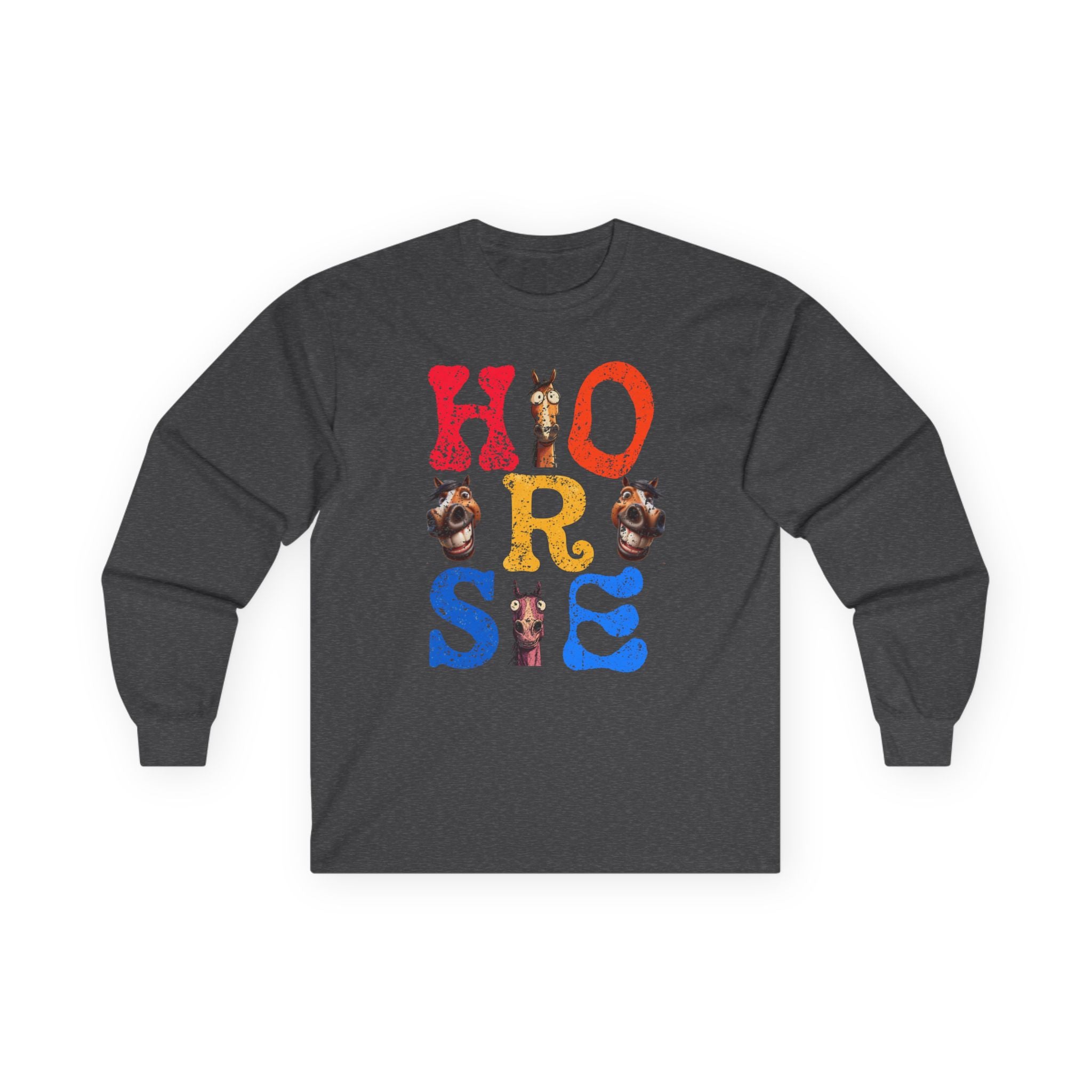 Illustrated "Horse" Lettering Design Long Sleeve T-Shirt | Equestrian Typography Tee