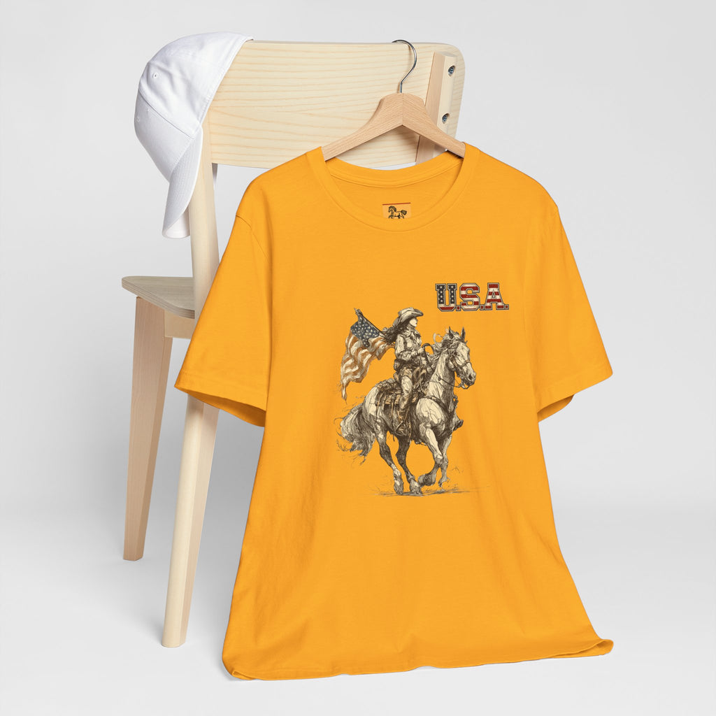 USA Flag & Cowgirl Rider T-Shirt | Patriotic Cowgirl on Horse Graphic Tee