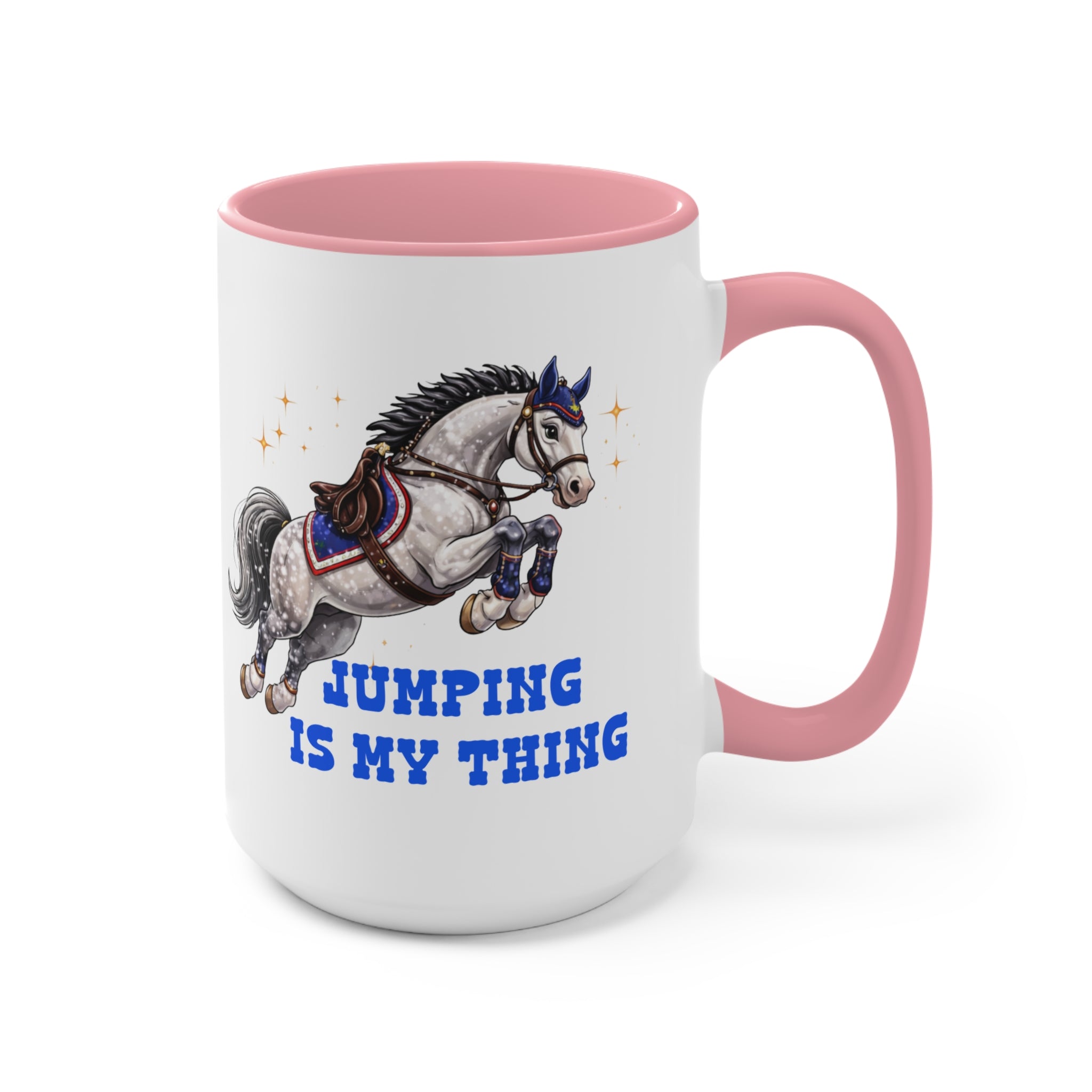 Mug with a cartoon horse jumping illustration and 'Jumping is my thing' text on a white background 18 Oz