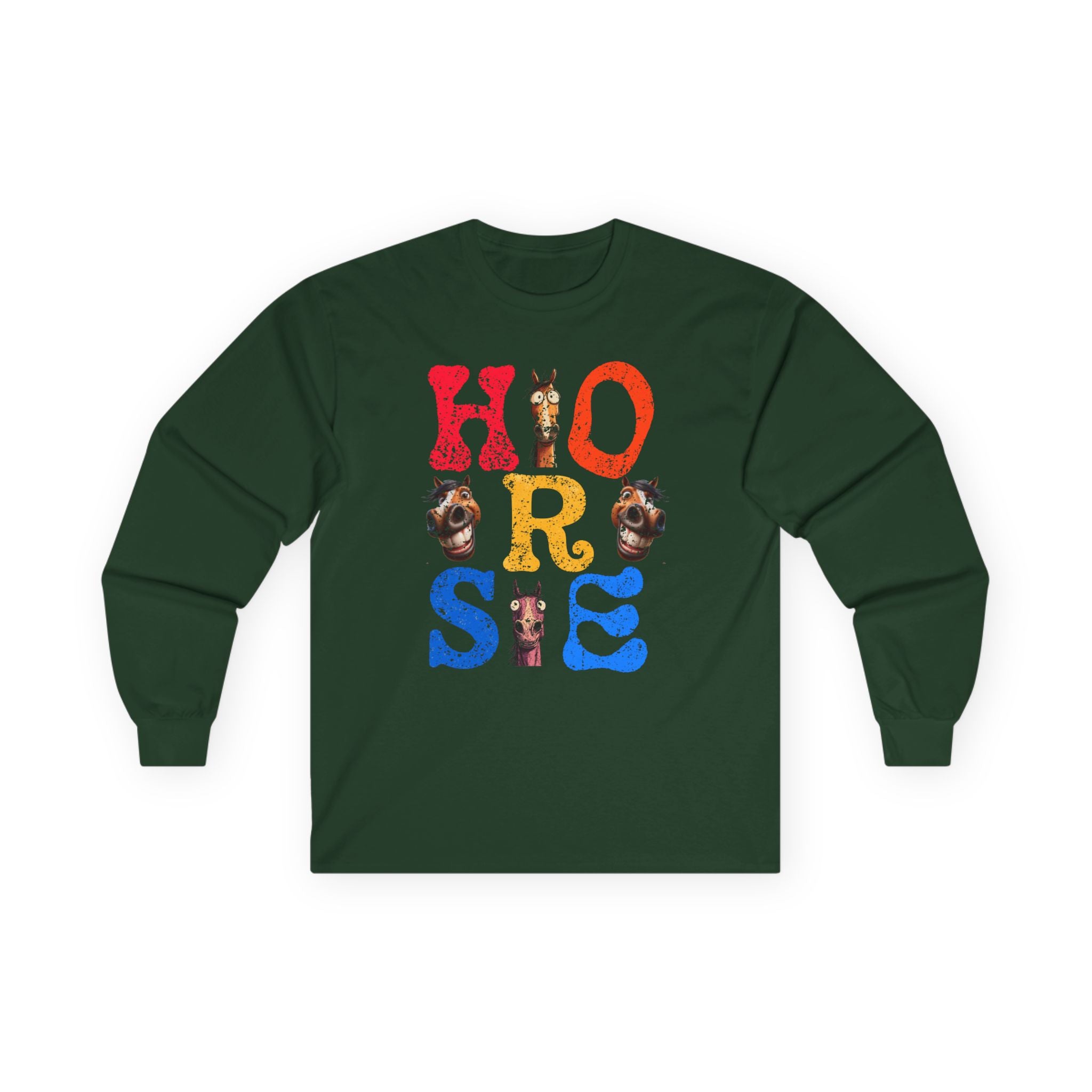 Illustrated "Horse" Lettering Design Long Sleeve T-Shirt | Equestrian Typography Tee