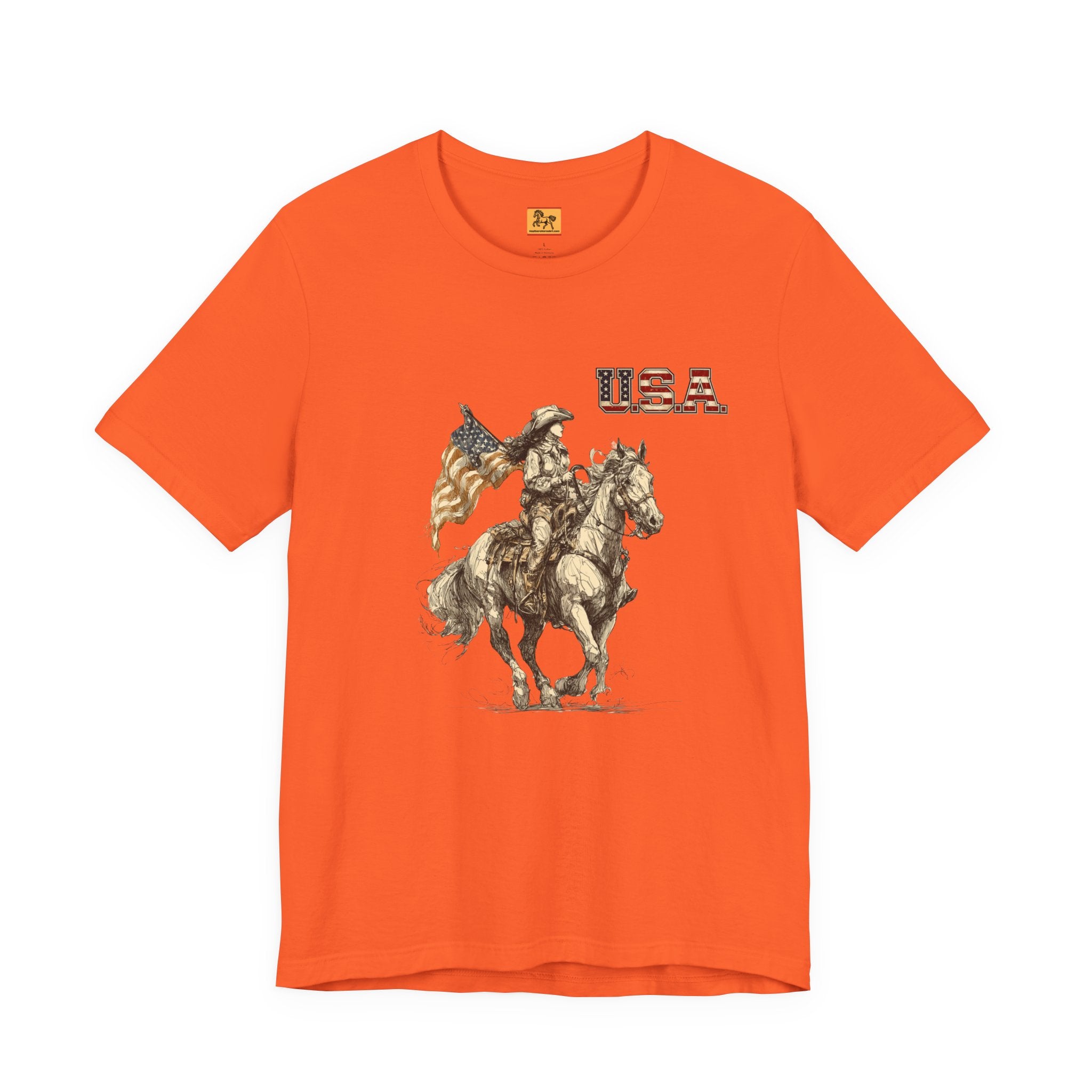 USA Flag & Cowgirl Rider T-Shirt | Patriotic Cowgirl on Horse Graphic Tee