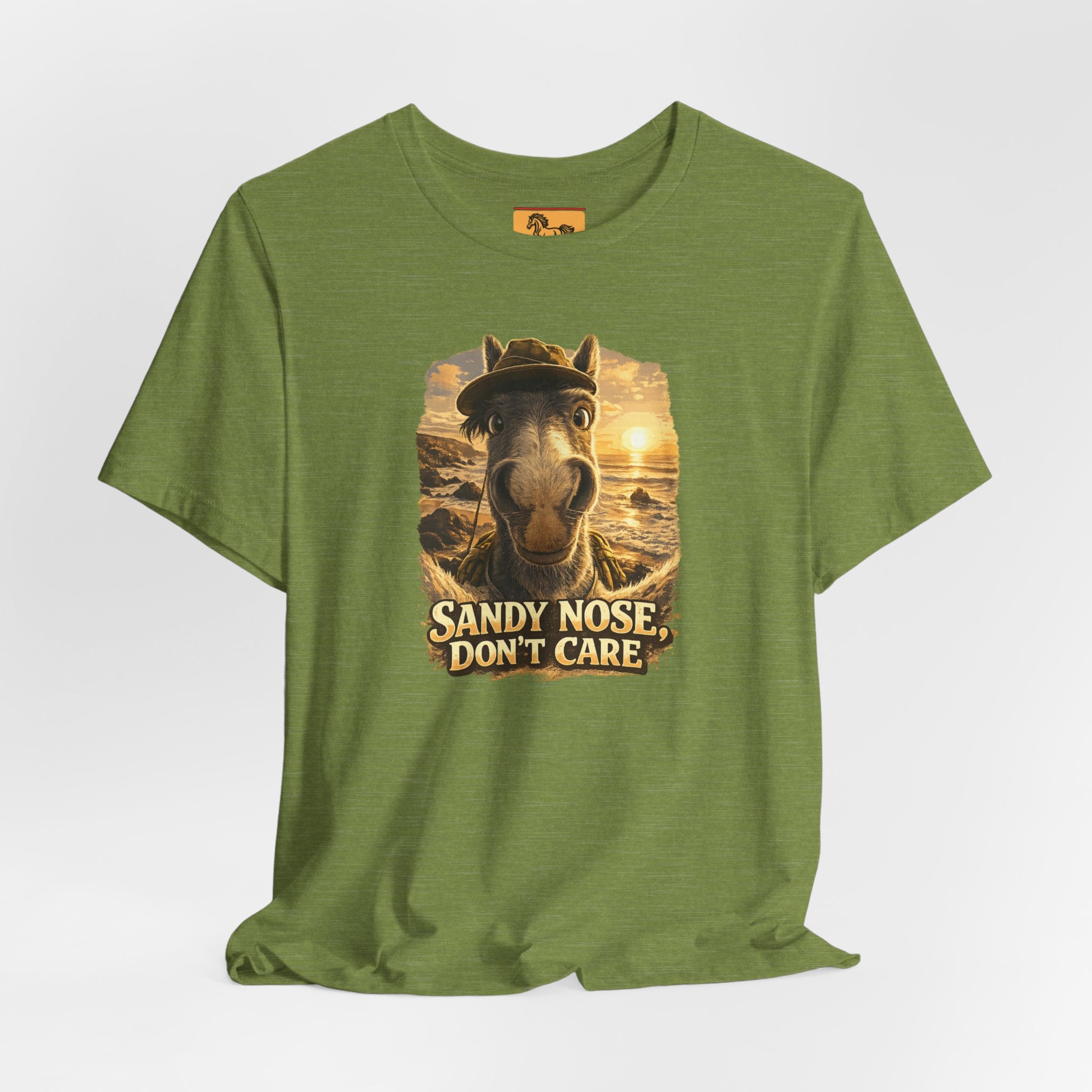 Sandy nose, don't care. A cheeky horse beach selfie tee for horse lovers who live for summer. Super soft Bella + Canvas 3001. Shop now at Hay There Horse Art.