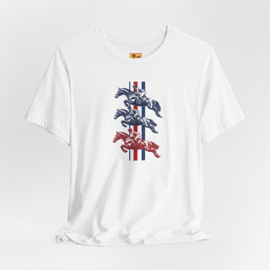 Vintage Show Jumping Horses T‑Shirt UK Red White Blue Equestrian Tee for Riders & Owners