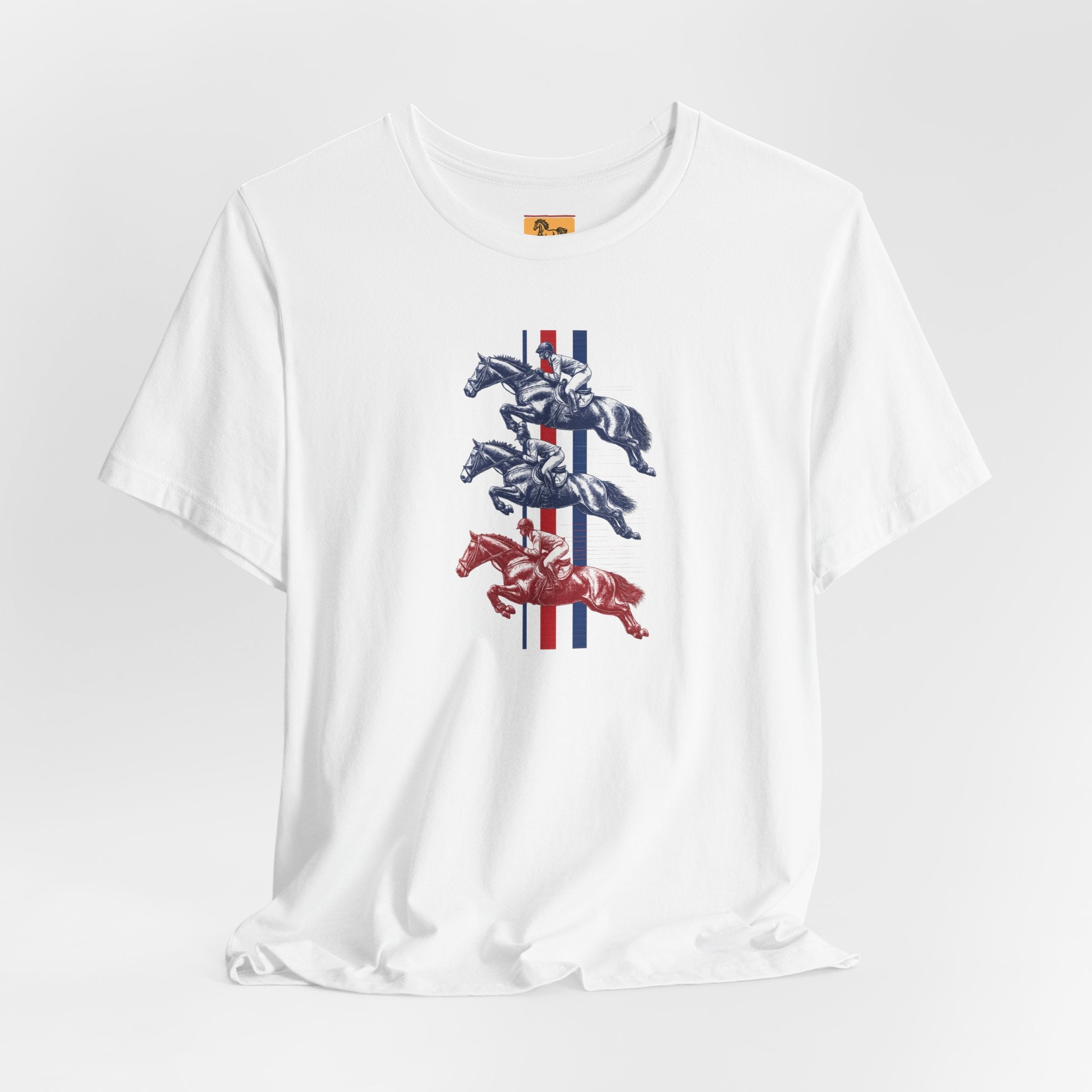Vintage Show Jumping Horses T‑Shirt UK Red White Blue Equestrian Tee for Riders & Owners