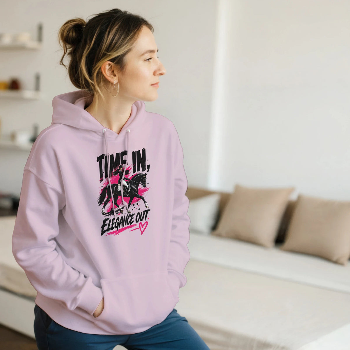 Light pink Time In, Elegance Out grunge dressage hoodie by Hay There Horse Art, view 14