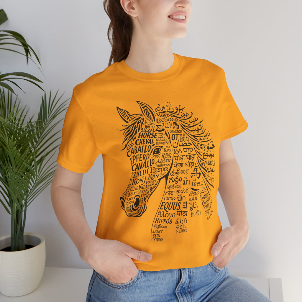 Horse design T Shirt created from the word horse in many languages Unique Horse Lover Gift Equestrian Art Tee