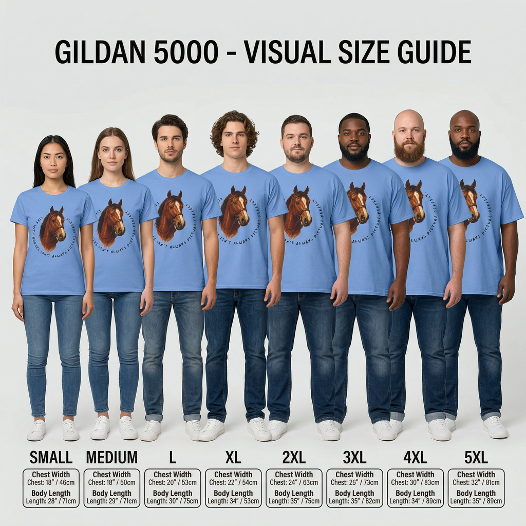 size guide for Gildan T shirt Equestrian horse design