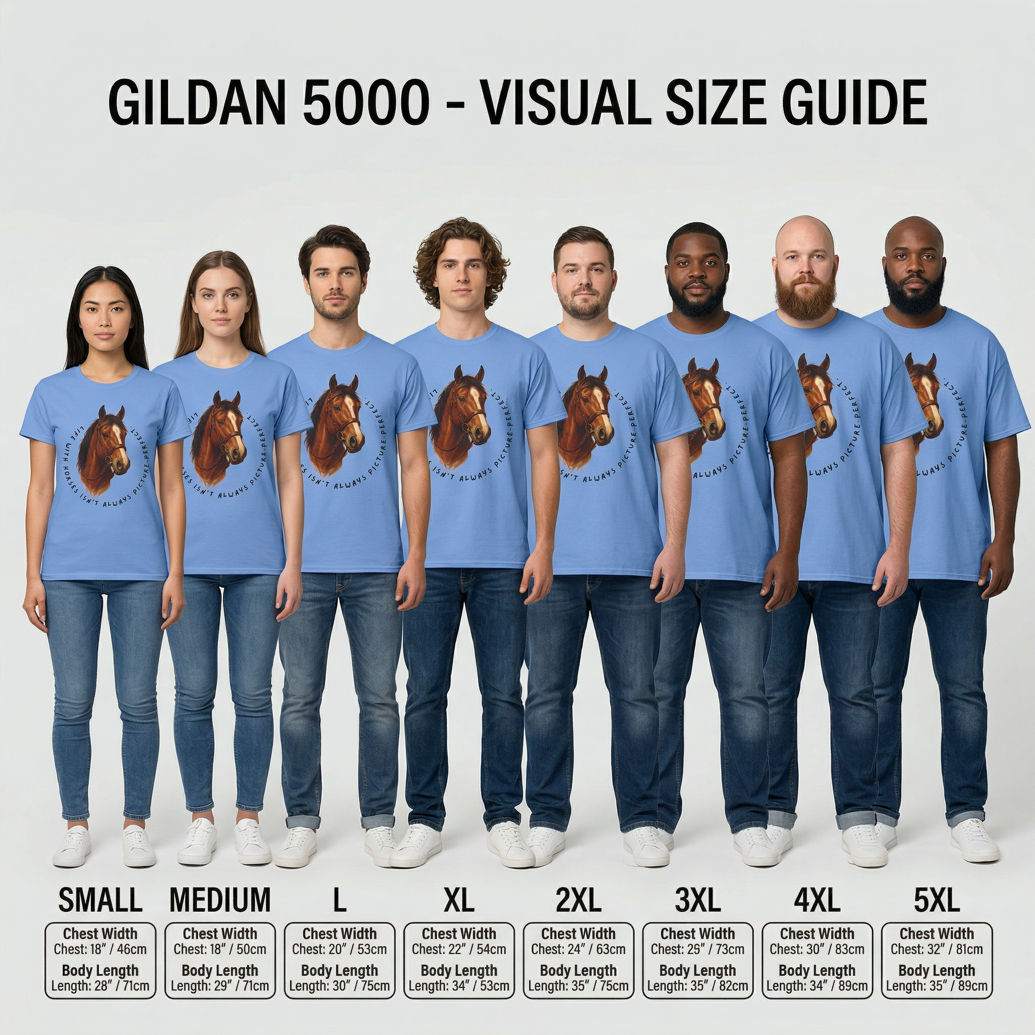 size guide for Gildan T shirt Equestrian horse design