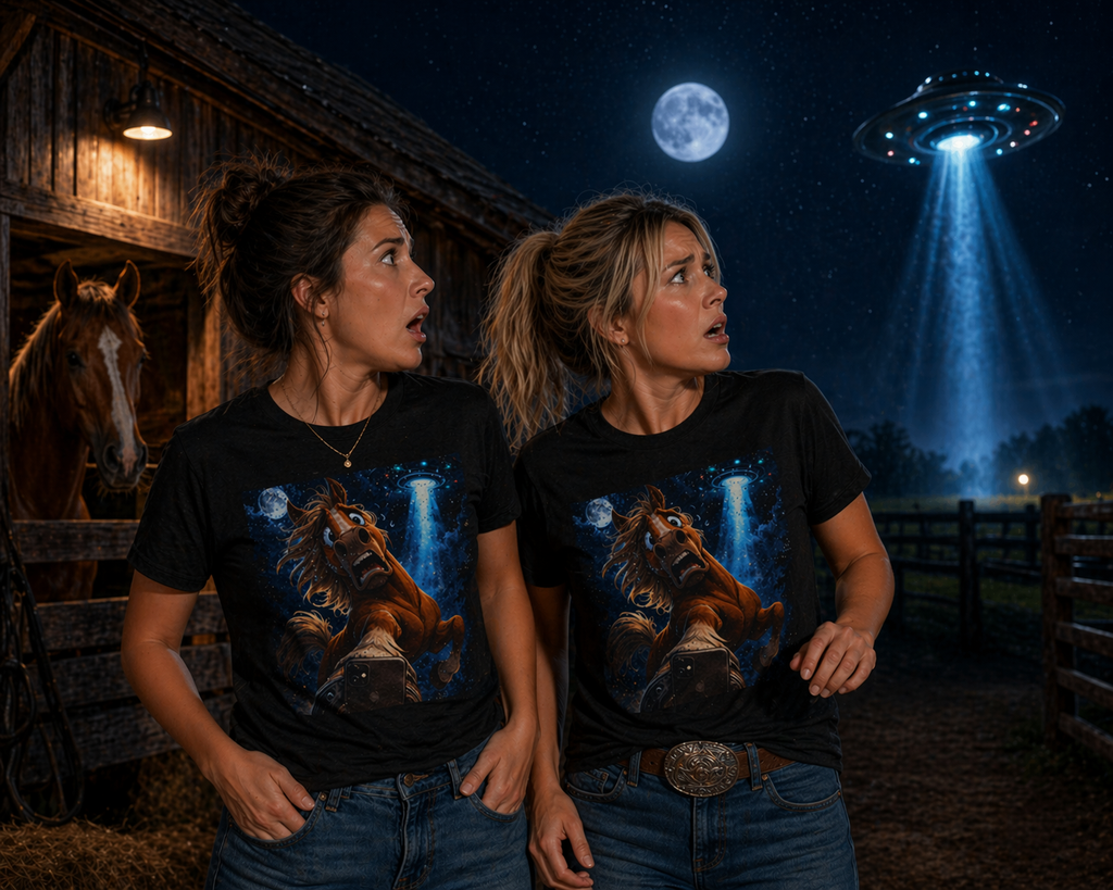 Ladies wearing funny horse art t-shirt at the barn at night unique conversation starter tee from Hay There Horse Art Horse UFO Selfie