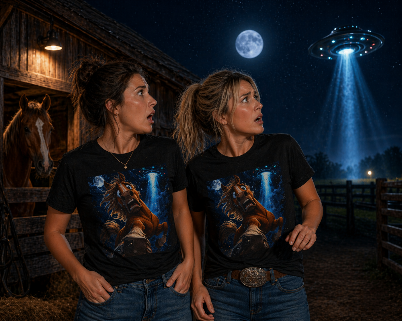 Ladies wearing funny horse art t-shirt at the barn at night unique conversation starter tee from Hay There Horse Art Horse UFO Selfie