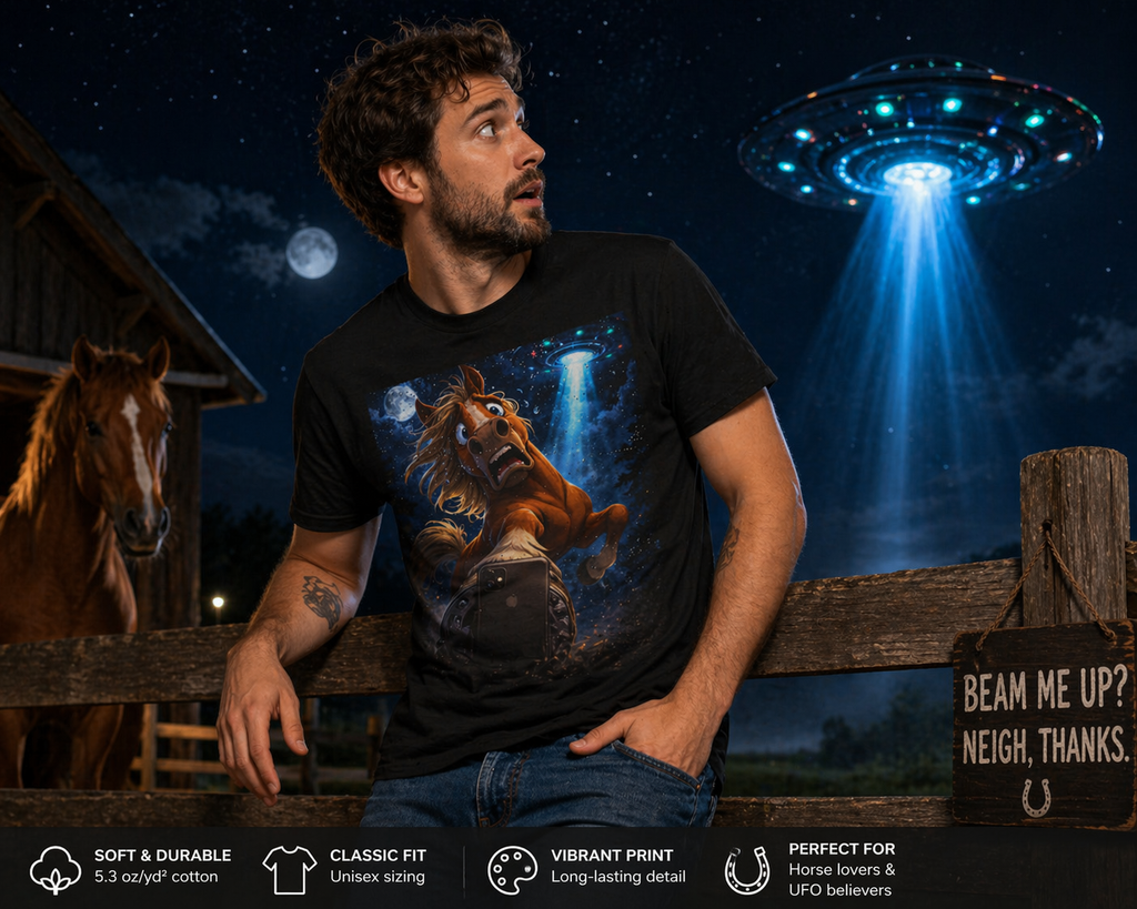 Man wearing funny horse art t-shirt at the barn at night unique conversation starter tee from Hay There Horse Art Horse Selfie with UFO