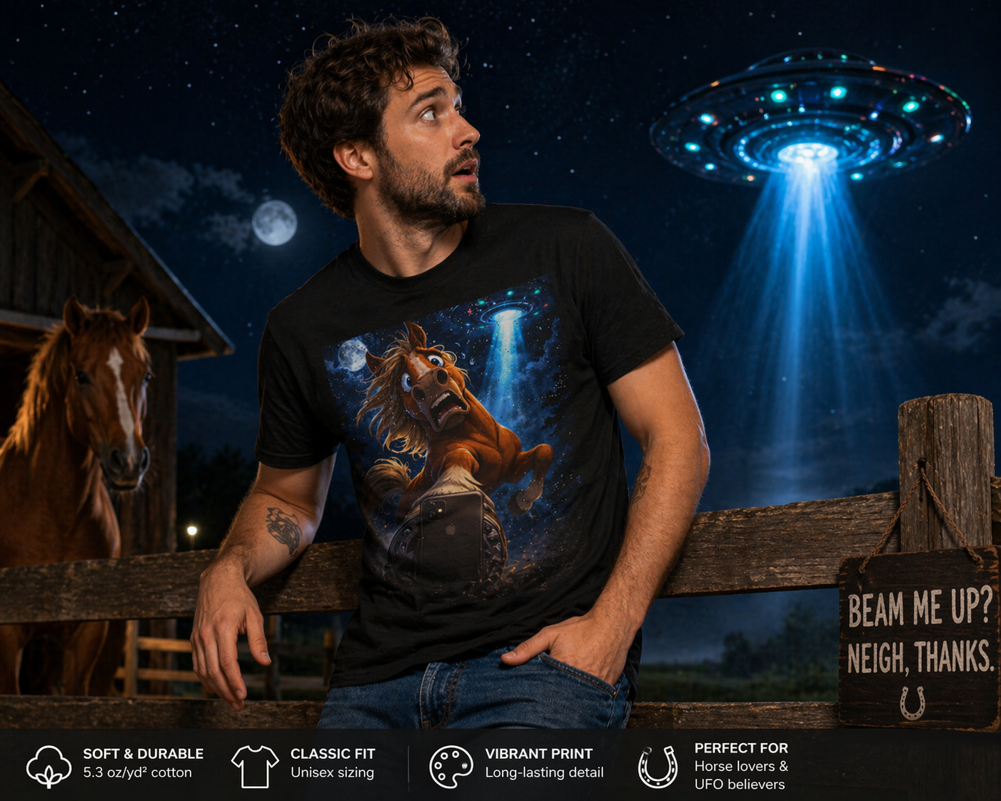 Man wearing funny horse art t-shirt at the barn at night unique conversation starter tee from Hay There Horse Art Horse Selfie with UFO