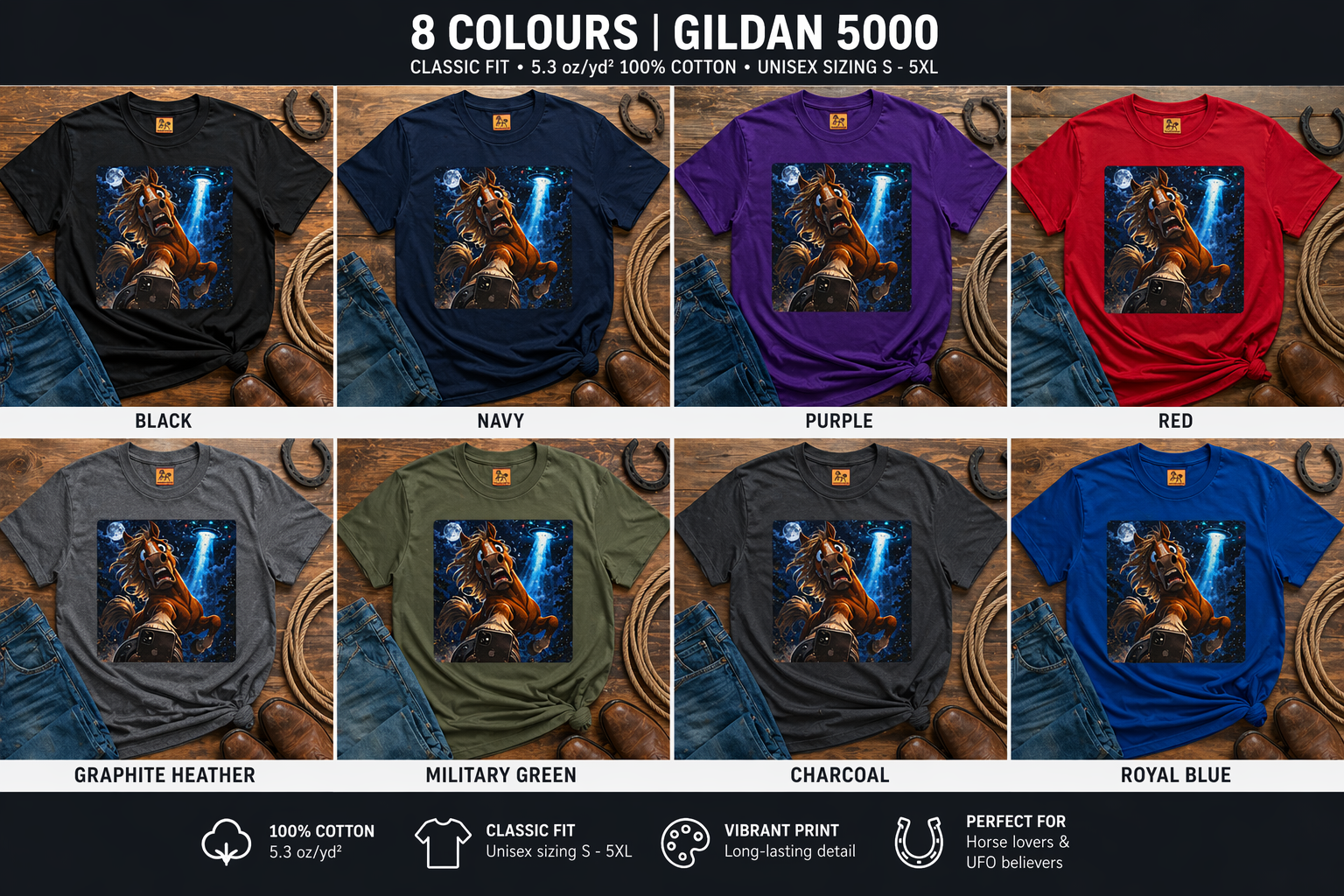 Collection of T shirts in various colours Horse Selfy tees with a UFO on a wooden barn themed background.