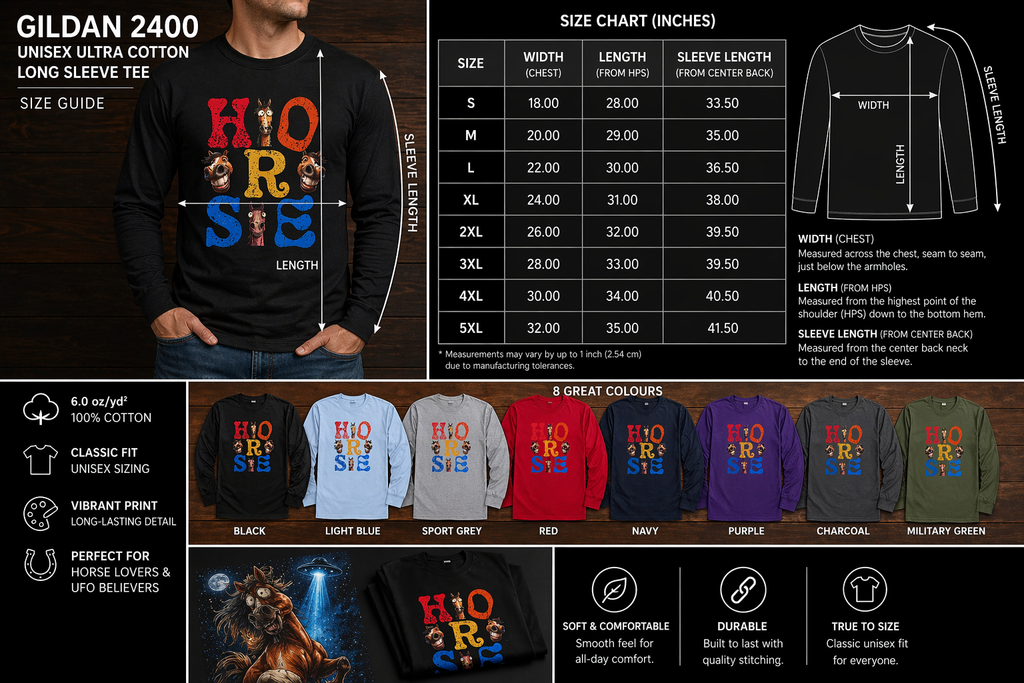 Illustrated "Horse" Lettering Design Long Sleeve T-Shirt | Equestrian Typography Tee