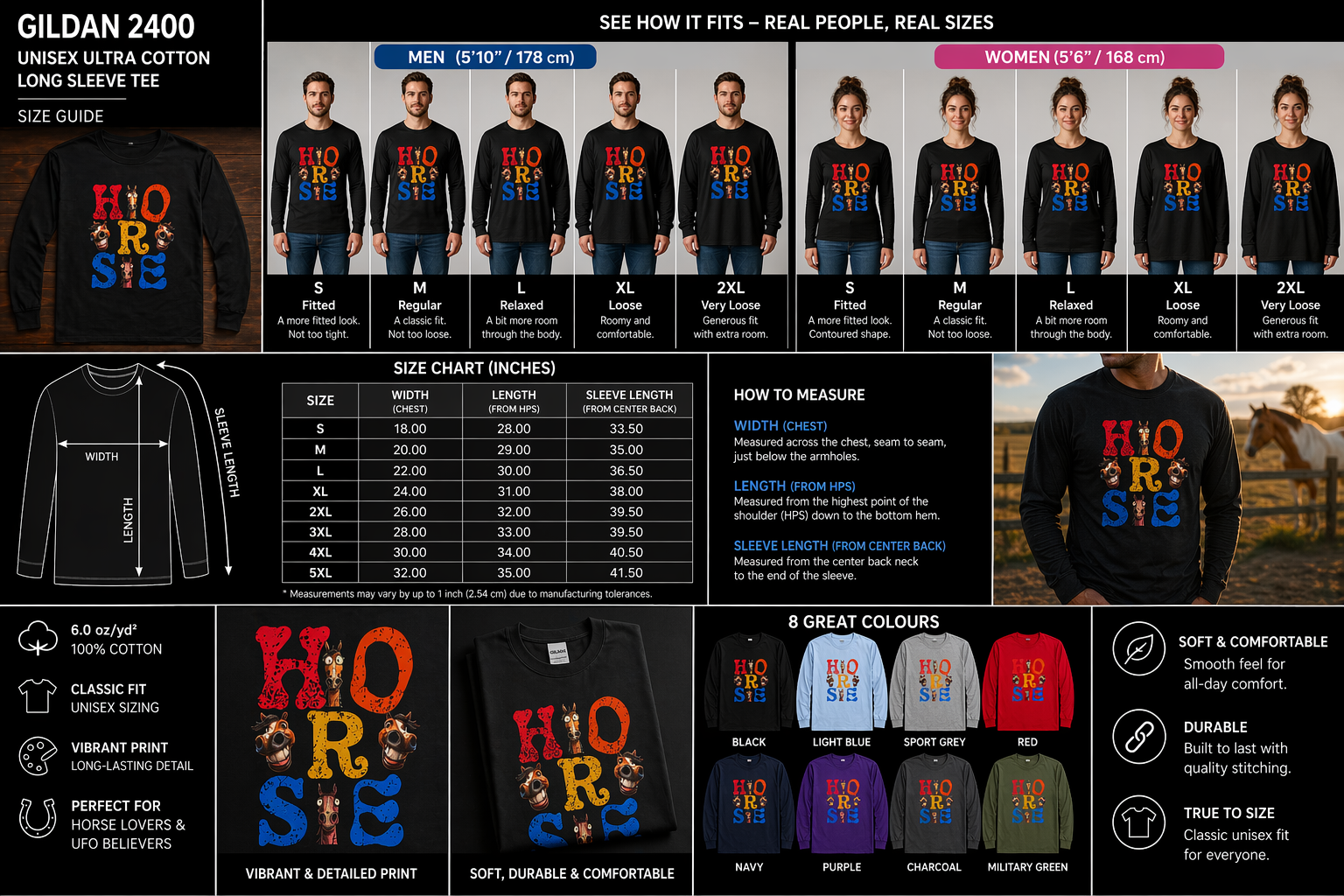 Illustrated "Horse" Lettering Design Long Sleeve T-Shirt | Equestrian Typography Tee
