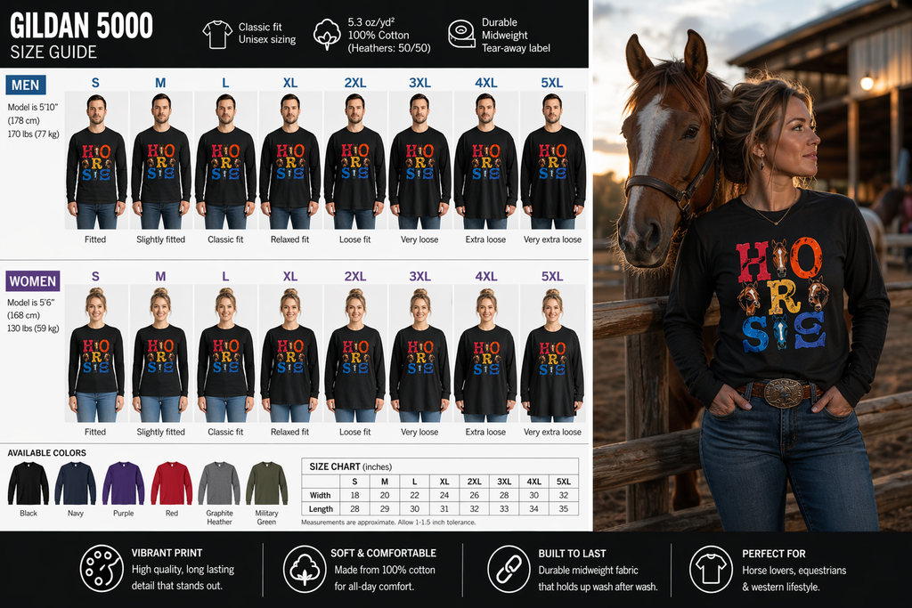 Illustrated "Horse" Lettering Design Long Sleeve T-Shirt | Equestrian Typography Tee