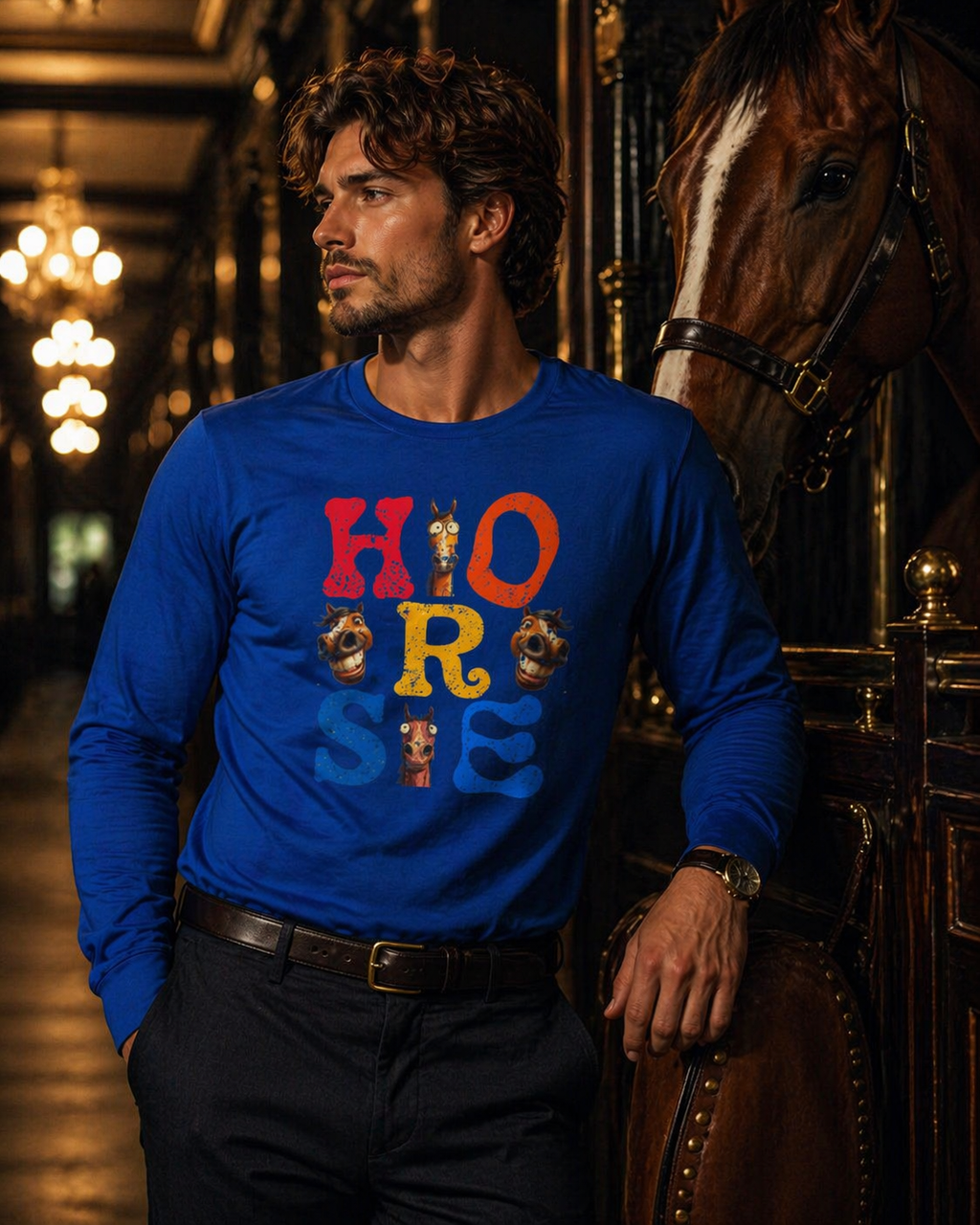 Illustrated "Horse" Lettering Design Long Sleeve T-Shirt | Equestrian Typography Tee